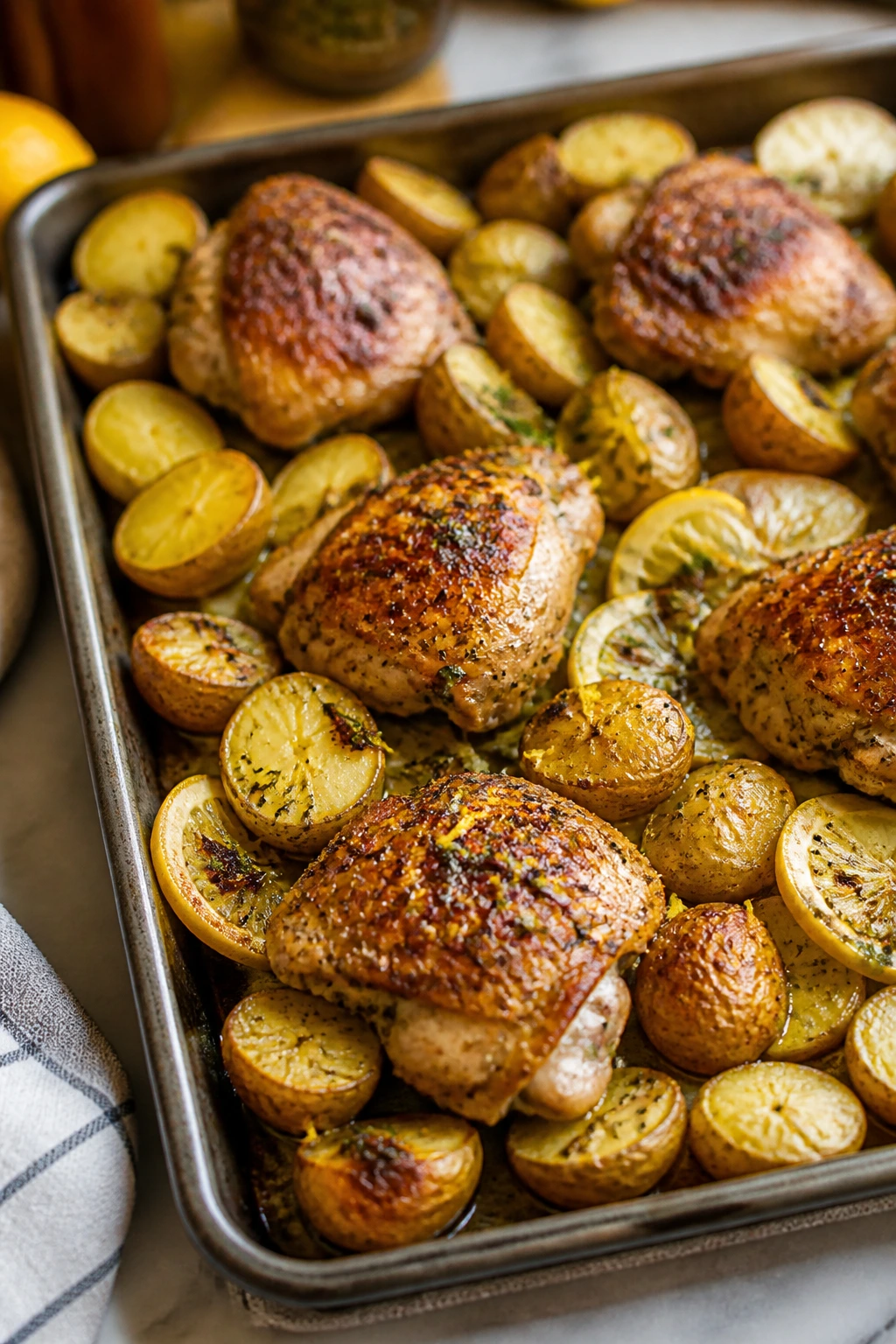 Sheet-pan chicken and potatoes with lemon on a kitchen counter
