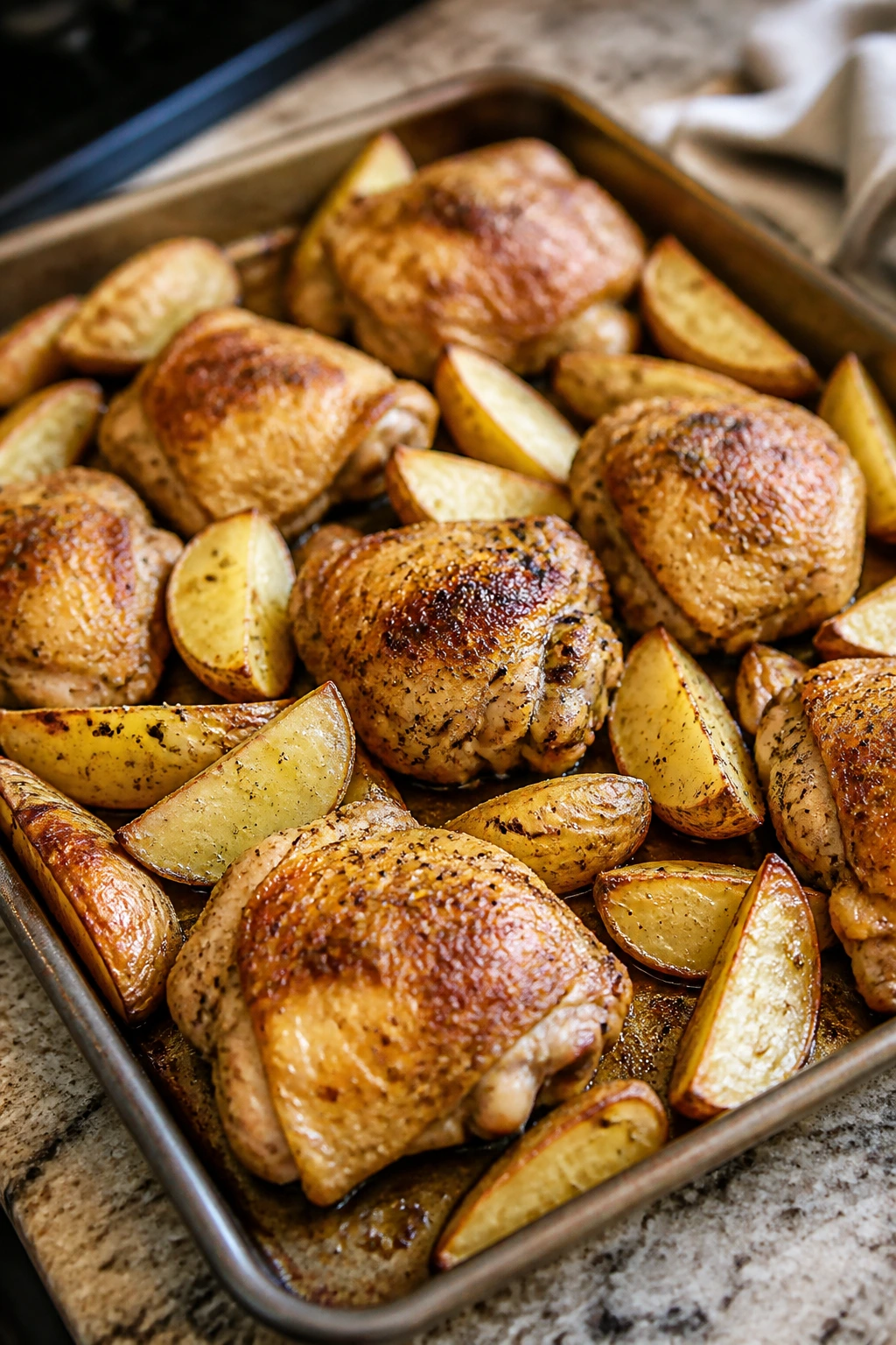 Close-up sheet pan with browned chicken and potato wedges on a kitchen counter.