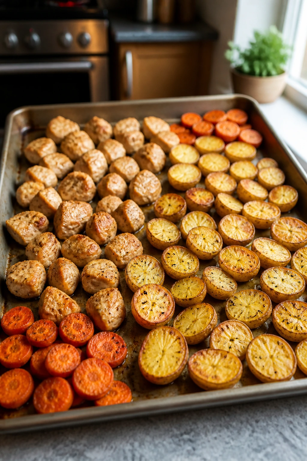 Close-up of sheet-pan chicken and potato bites on a kitchen counter