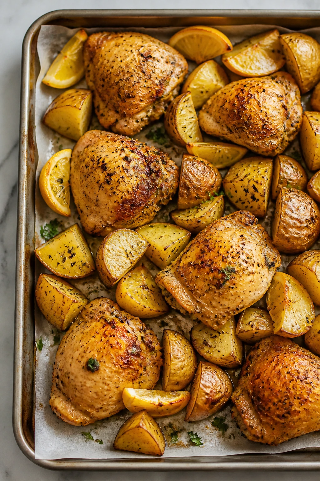 Sheet pan with roasted chicken thighs and potatoes