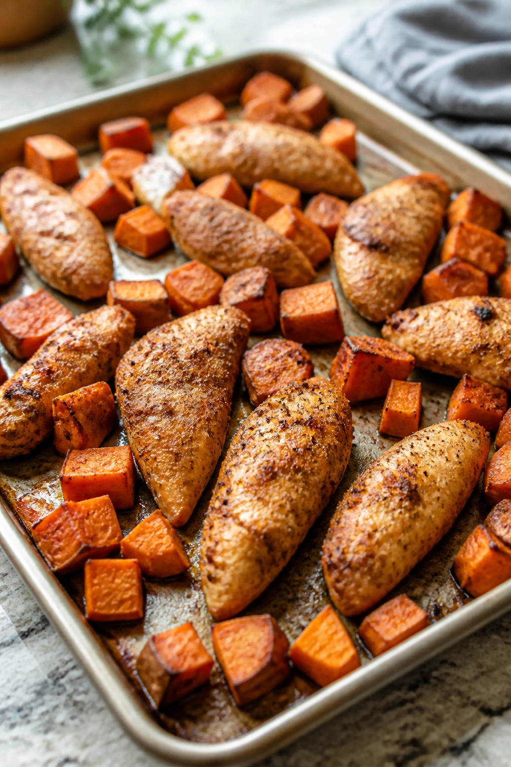 Sheet-pan chicken tenders and sweet potatoes on a sheet pan