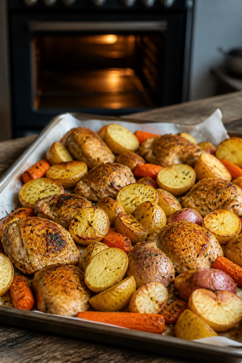 Close-up of sheet pan with roasted chicken and potatoes on a kitchen counter