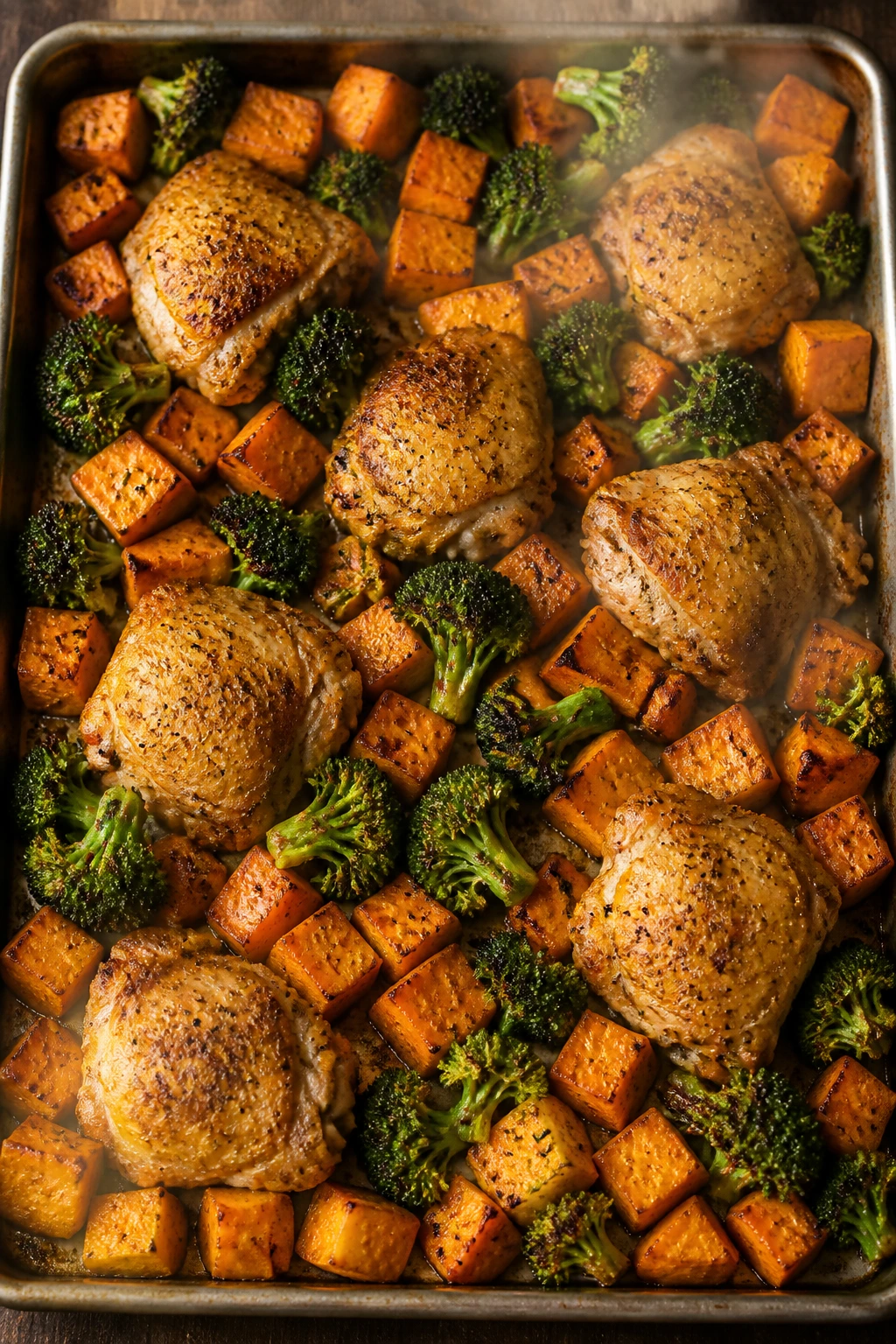 Sheet pan with chicken, sweet potatoes, and broccoli roasting in a warm kitchen