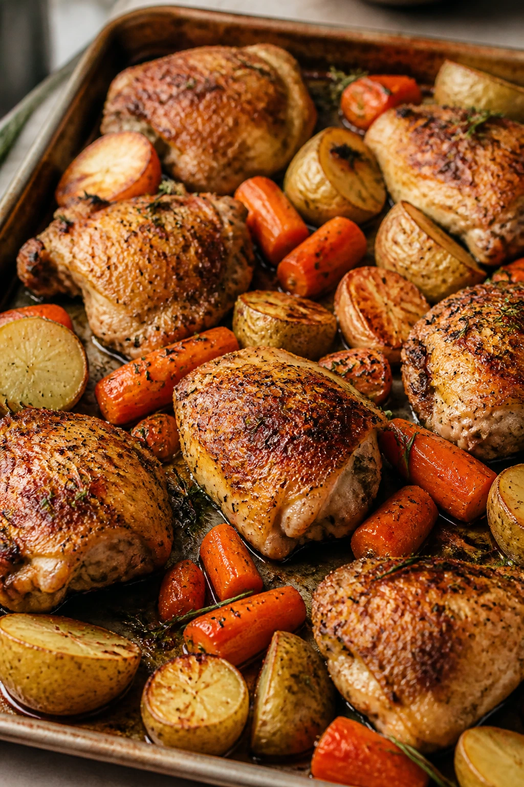 Sheet pan with roasted chicken thighs, potatoes, and carrots in a home kitchen