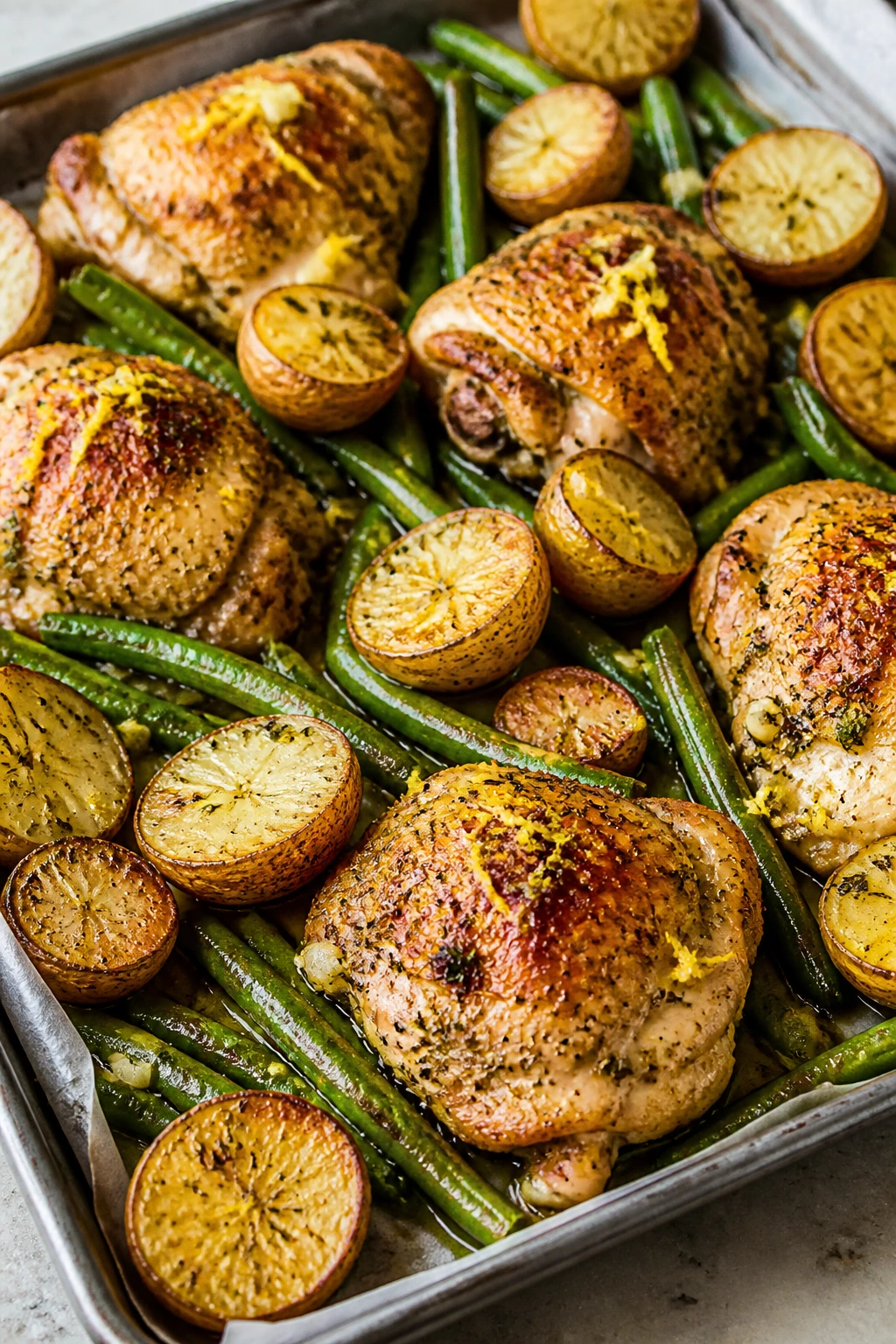 Roasted sheet-pan chicken thighs with potatoes and green beans