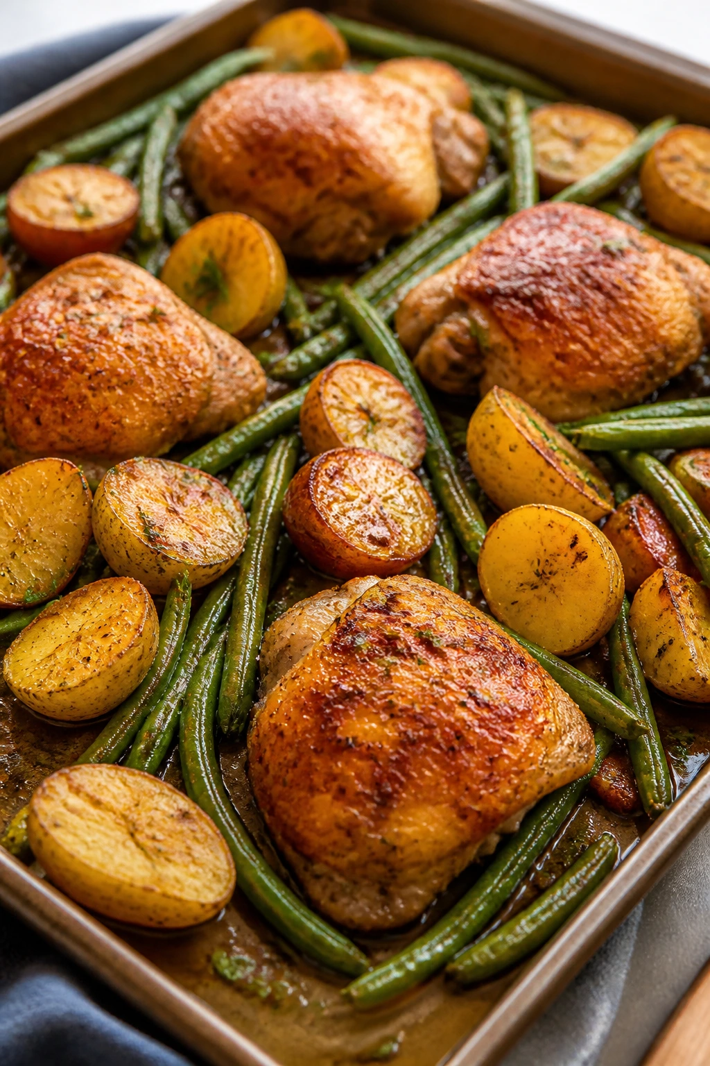 Close-up of sheet pan chicken thighs with potatoes and green beans in a warm kitchen