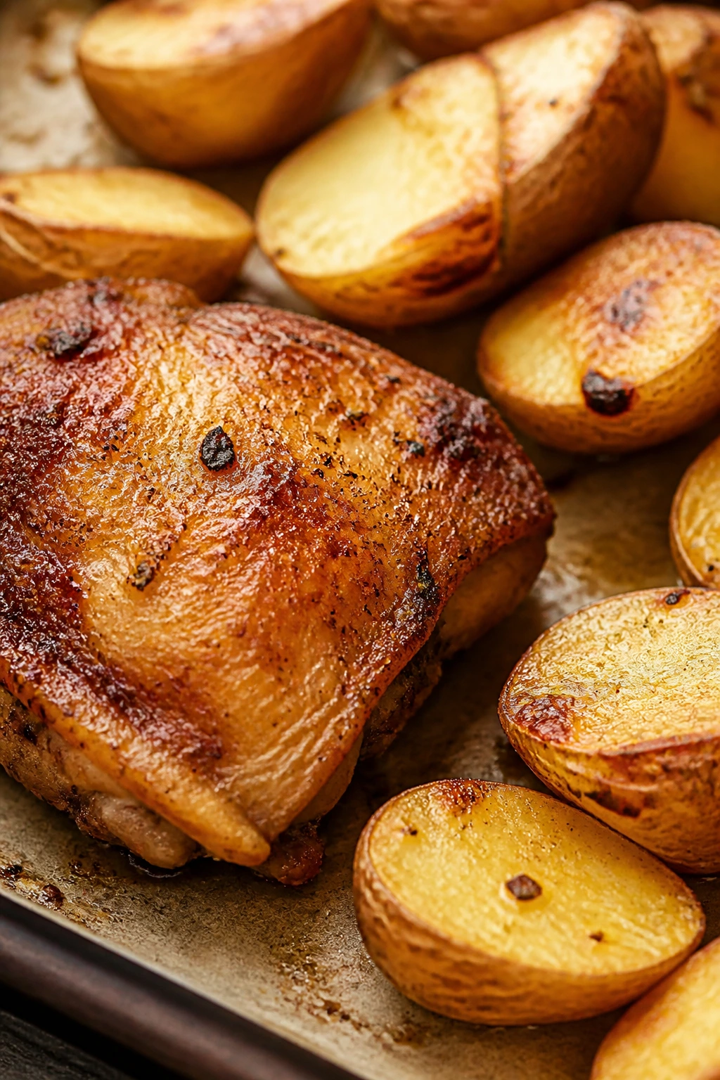 Roasted sheet-pan chicken and potatoes with crisp edges