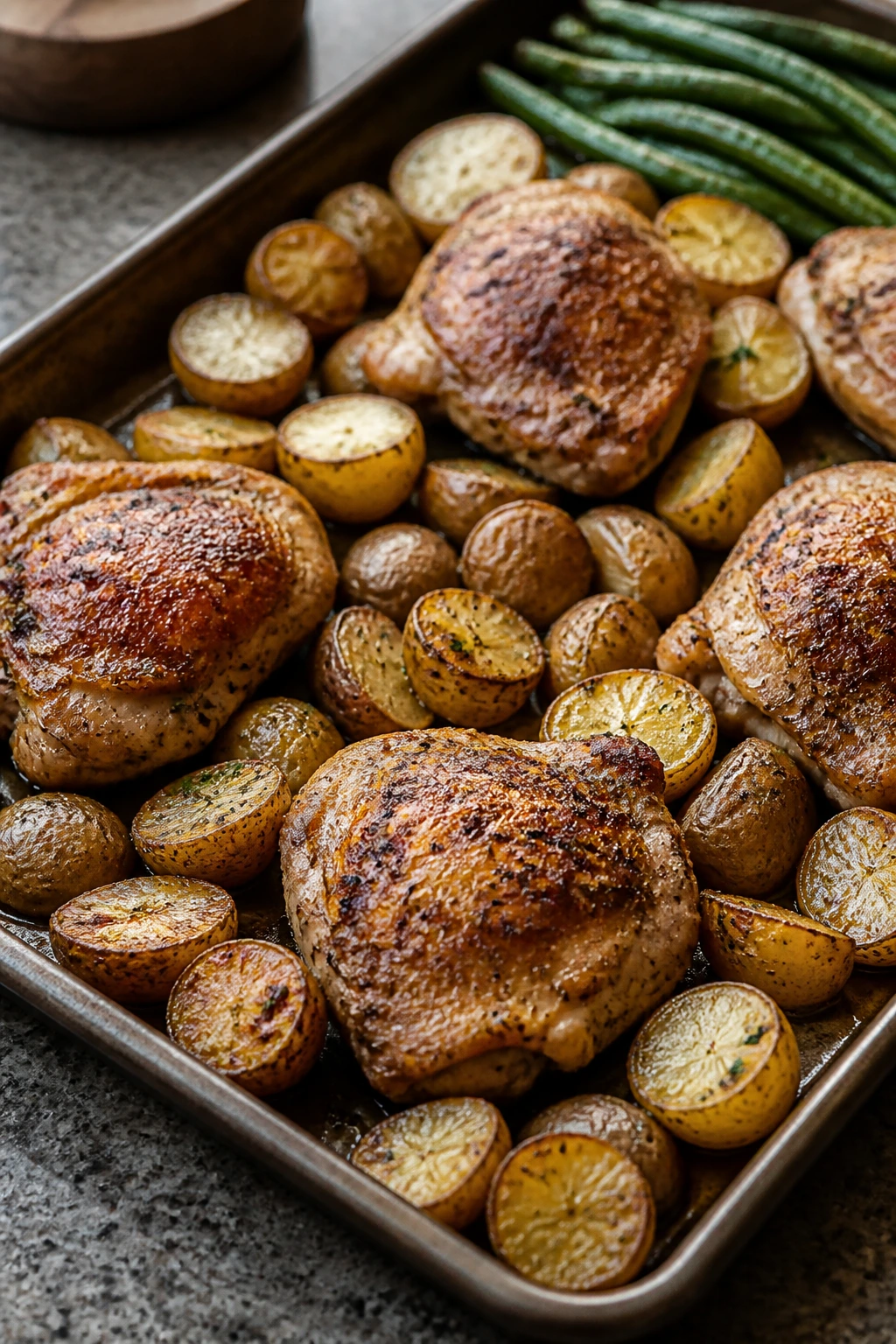 Sheet pan roasted chicken thighs and potatoes on a counter