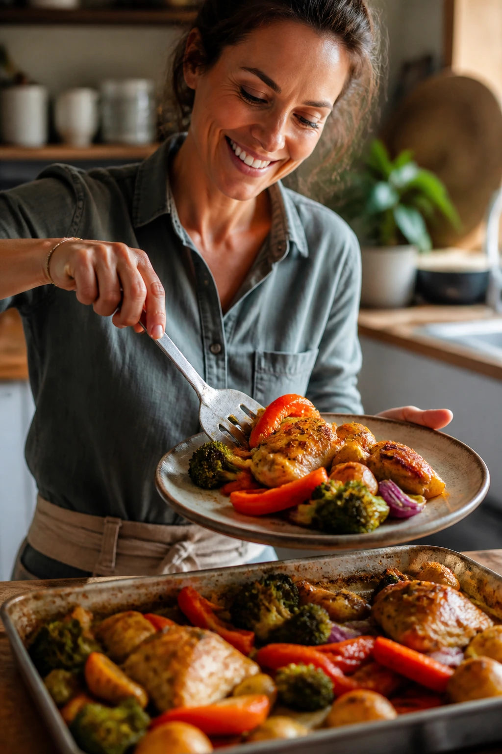 Smiling adult serving a simple sheet-pan chicken dinner