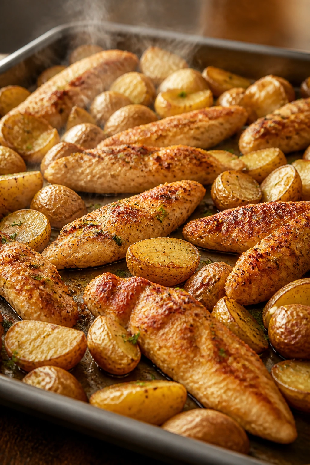 Close-up of sheet pan with roasted chicken tenders and potatoes on a kitchen counter