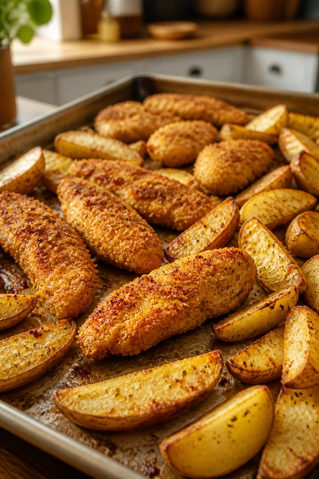 Sheet pan with crispy chicken tenders and potato wedges on a kitchen counter