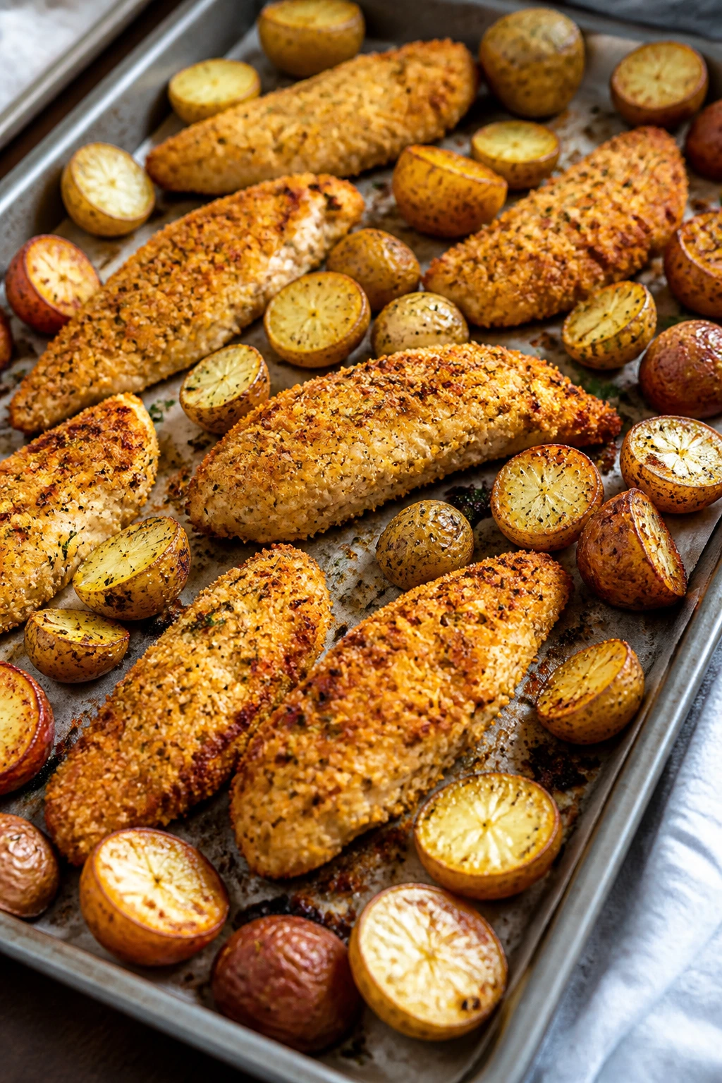 Sheet pan with crispy chicken tenders and roasted potatoes