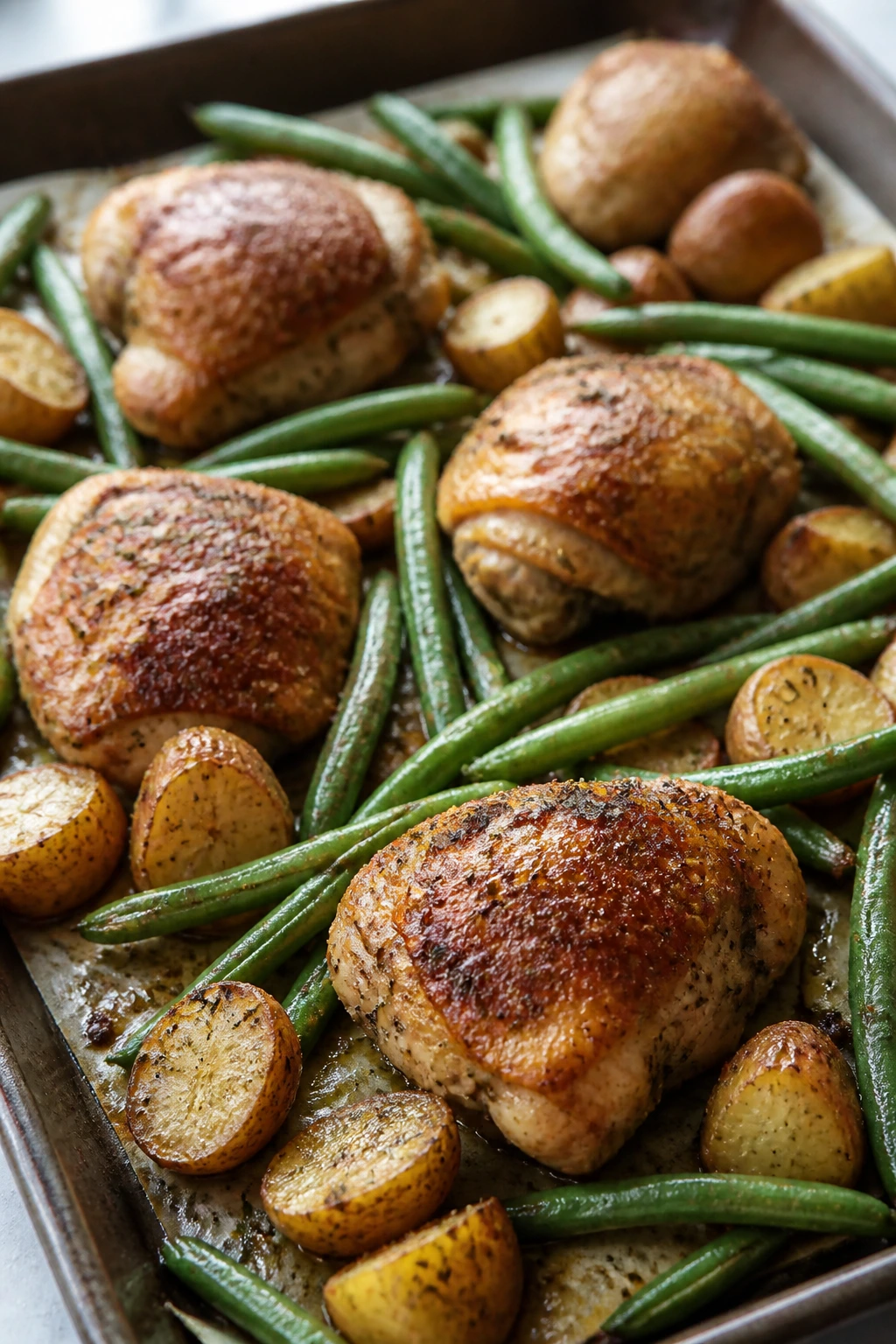 Close-up of sheet-pan chicken thighs, potatoes, and green beans