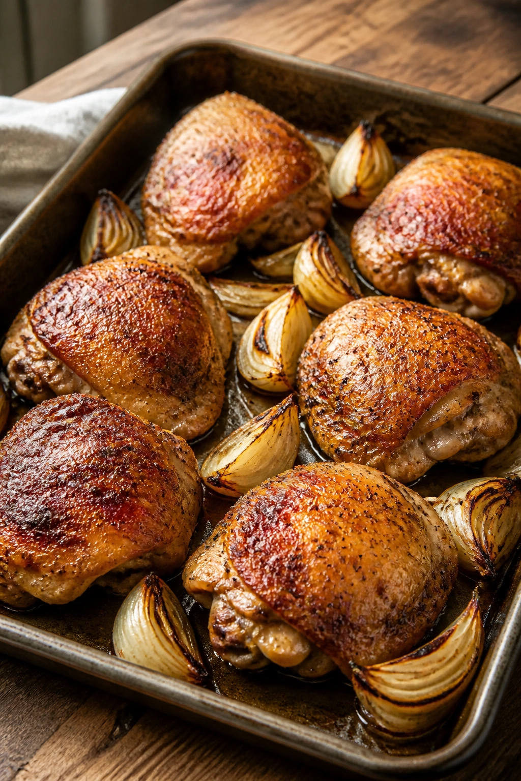 Sheet pan with bronzed chicken thighs and onions filling the frame in a warm kitchen