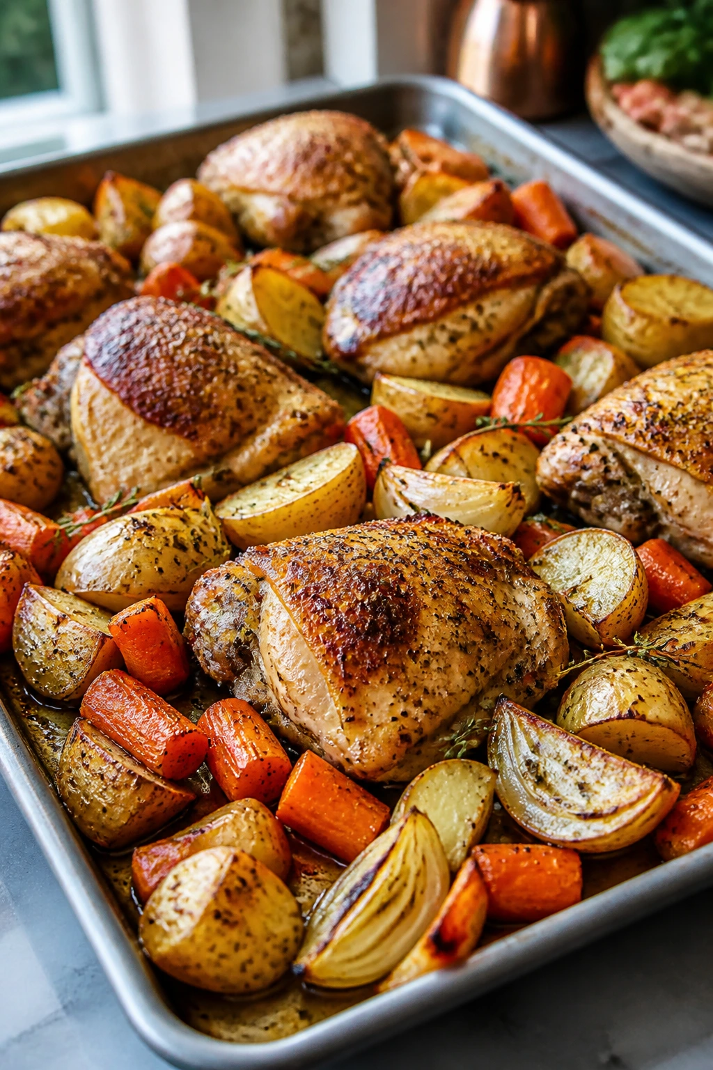 Sheet-pan roasted chicken and vegetables in bright kitchen