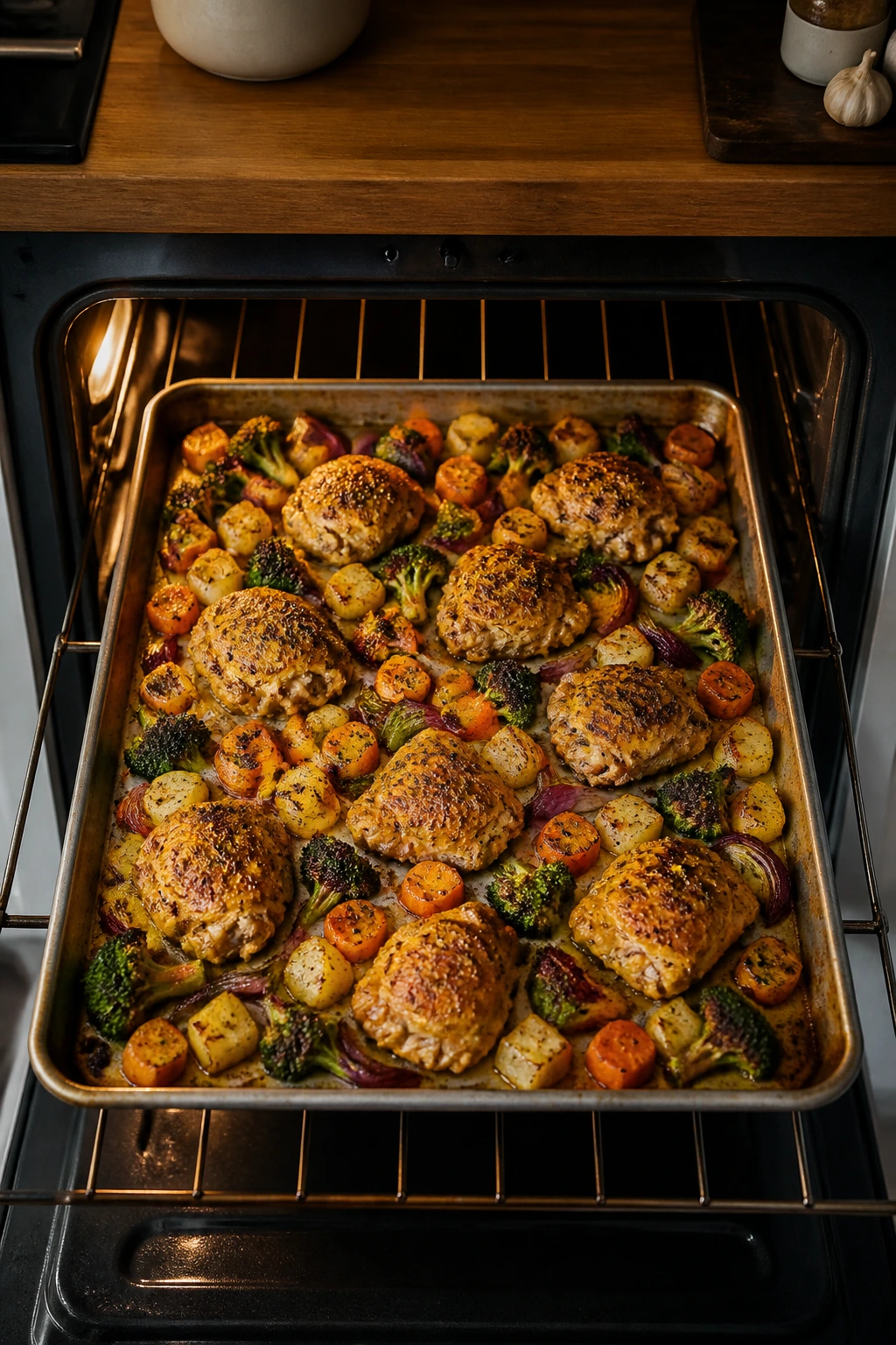 Sheet-pan chicken and vegetables roasting on a sheet pan in a home oven