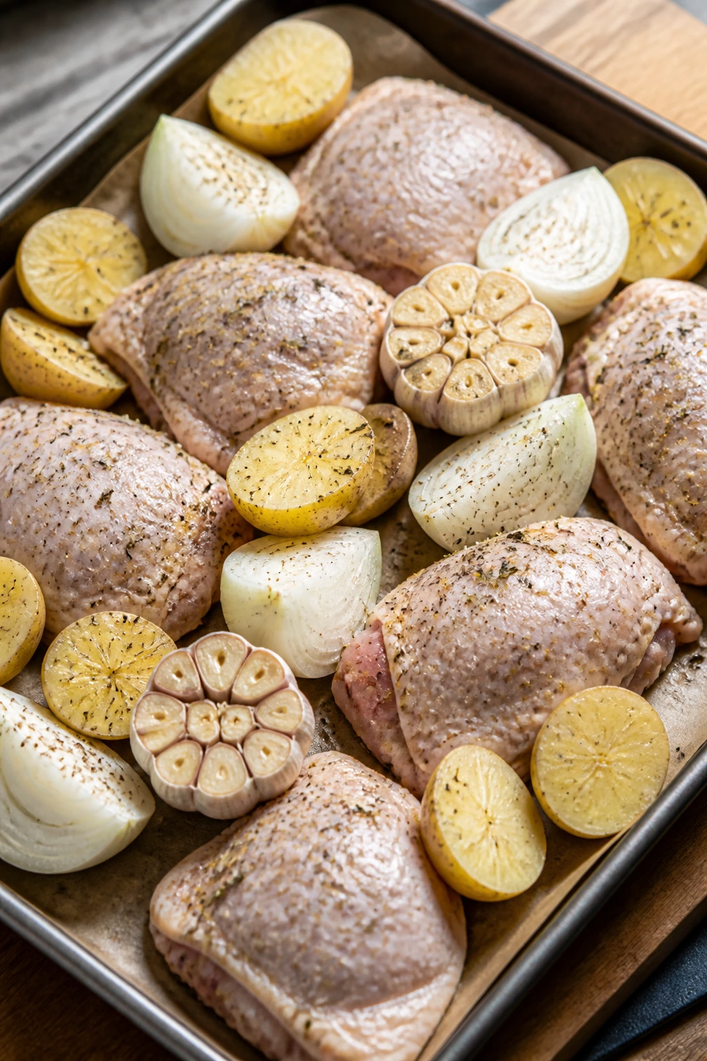 Sheet pan with chicken thighs, potatoes, onion, and garlic ready to roast