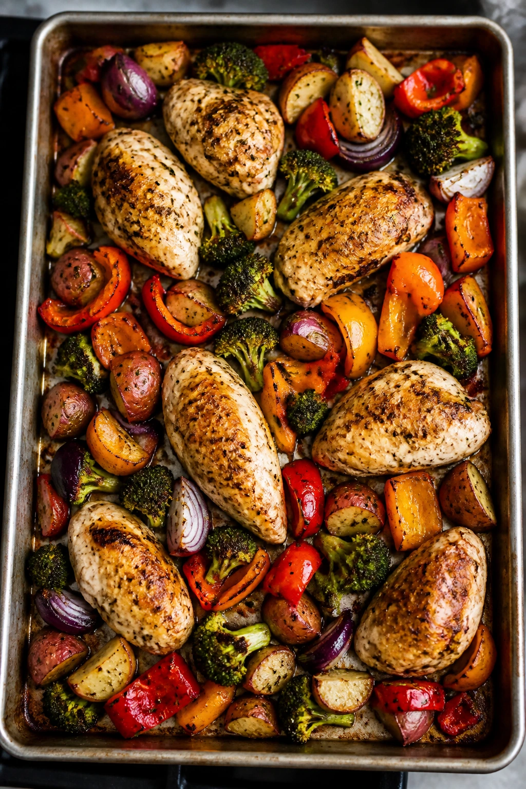 Sheet-pan roasted chicken and vegetables on a baking sheet