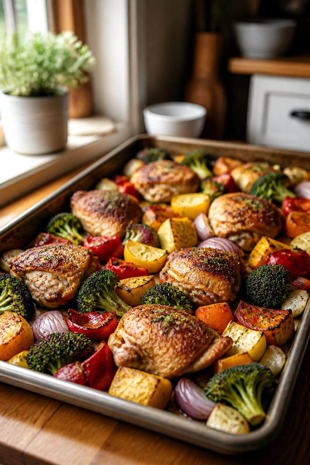 Close-up of a sheet pan with browned chicken and roasted vegetables in a home kitchen