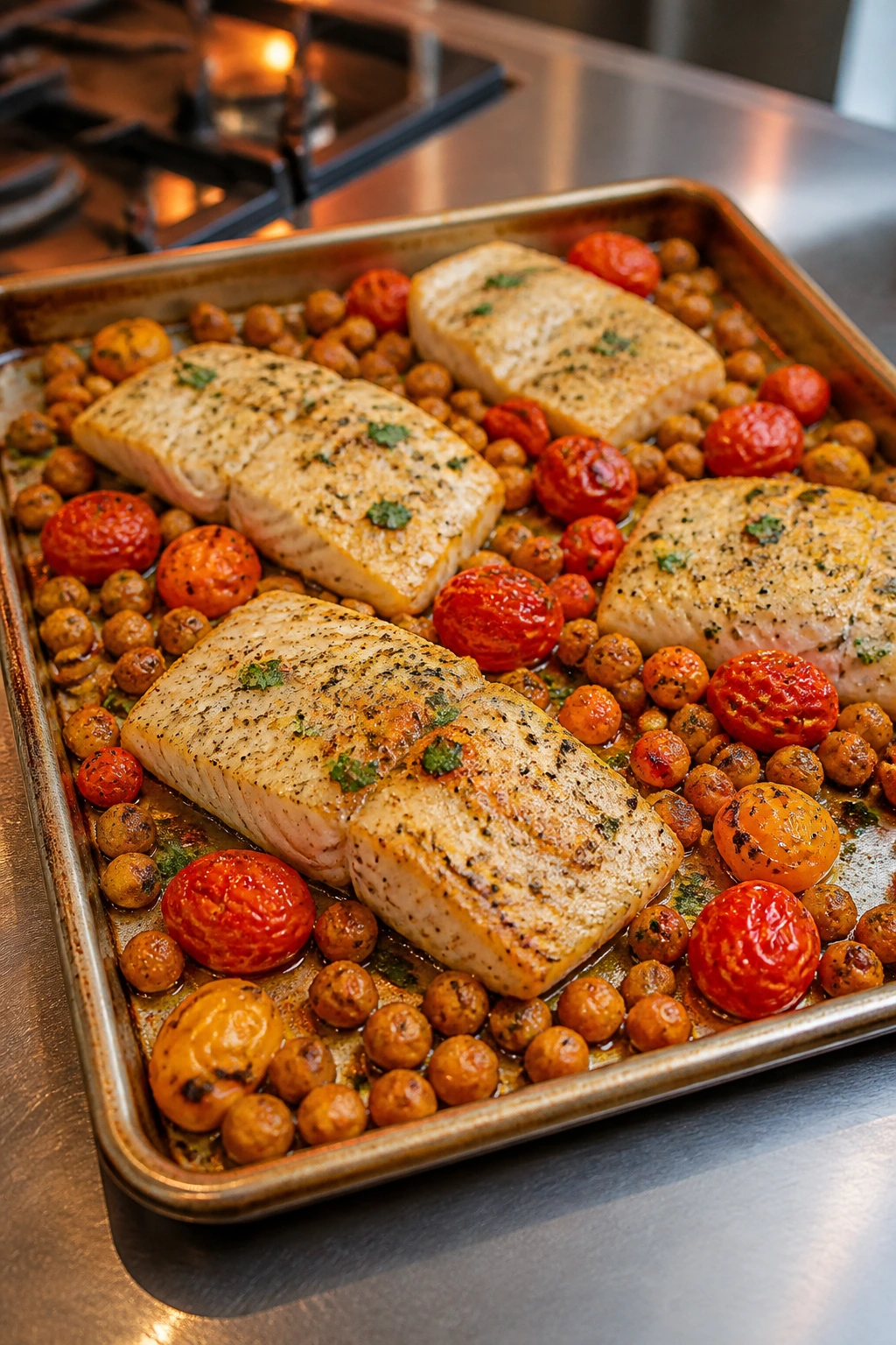 Close-up of sheet-pan cod with chickpeas and tomatoes roasting in a kitchen