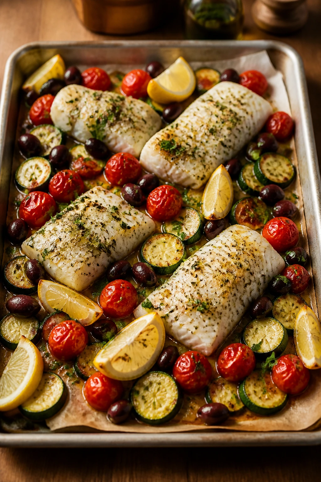 Close-up of sheet-pan Mediterranean cod with tomatoes zucchini olives and lemon