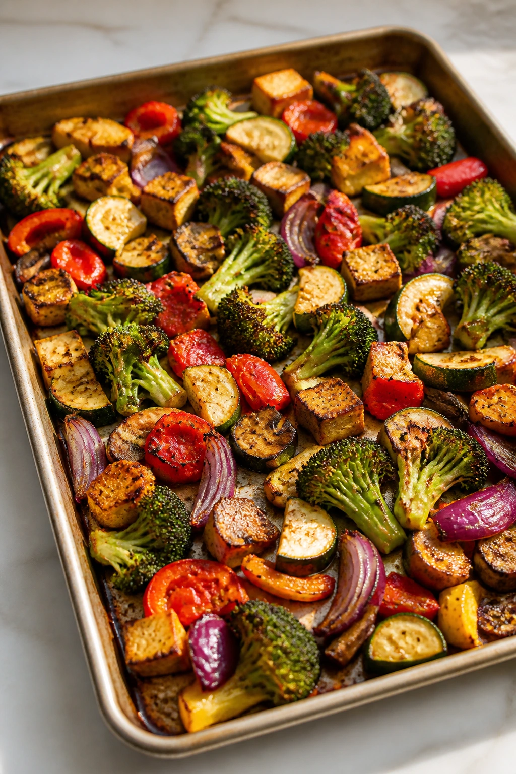 Rimmed sheet pan with crispy vegetables filling the frame