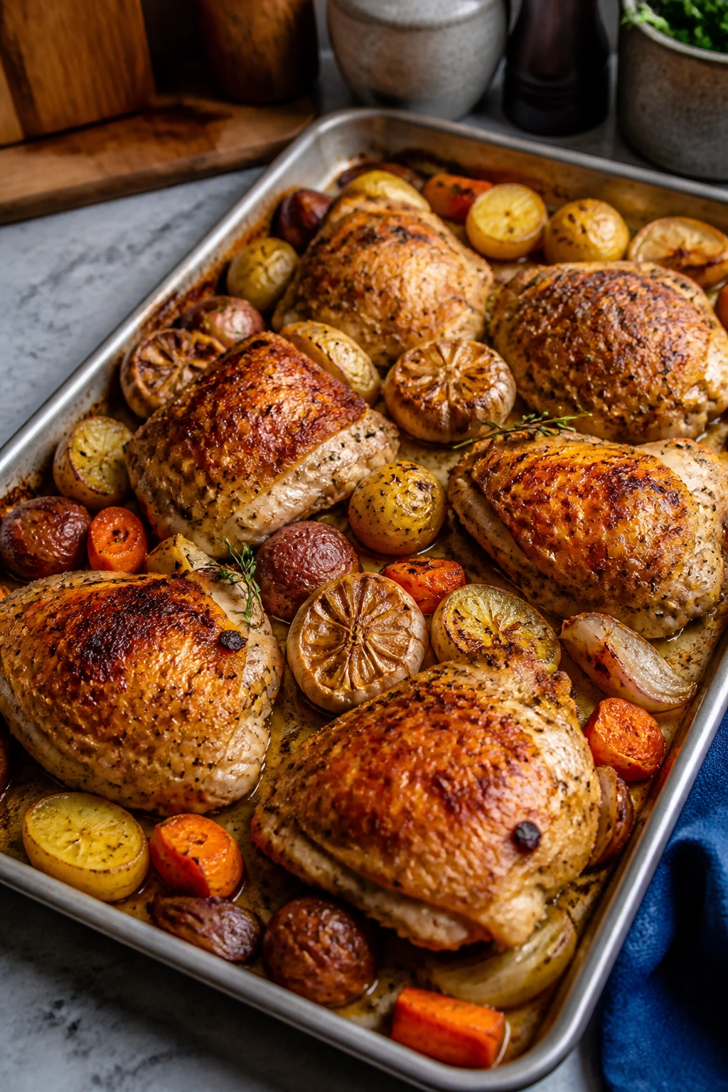 Large sheet pan with crisp-skinned chicken and vegetables
