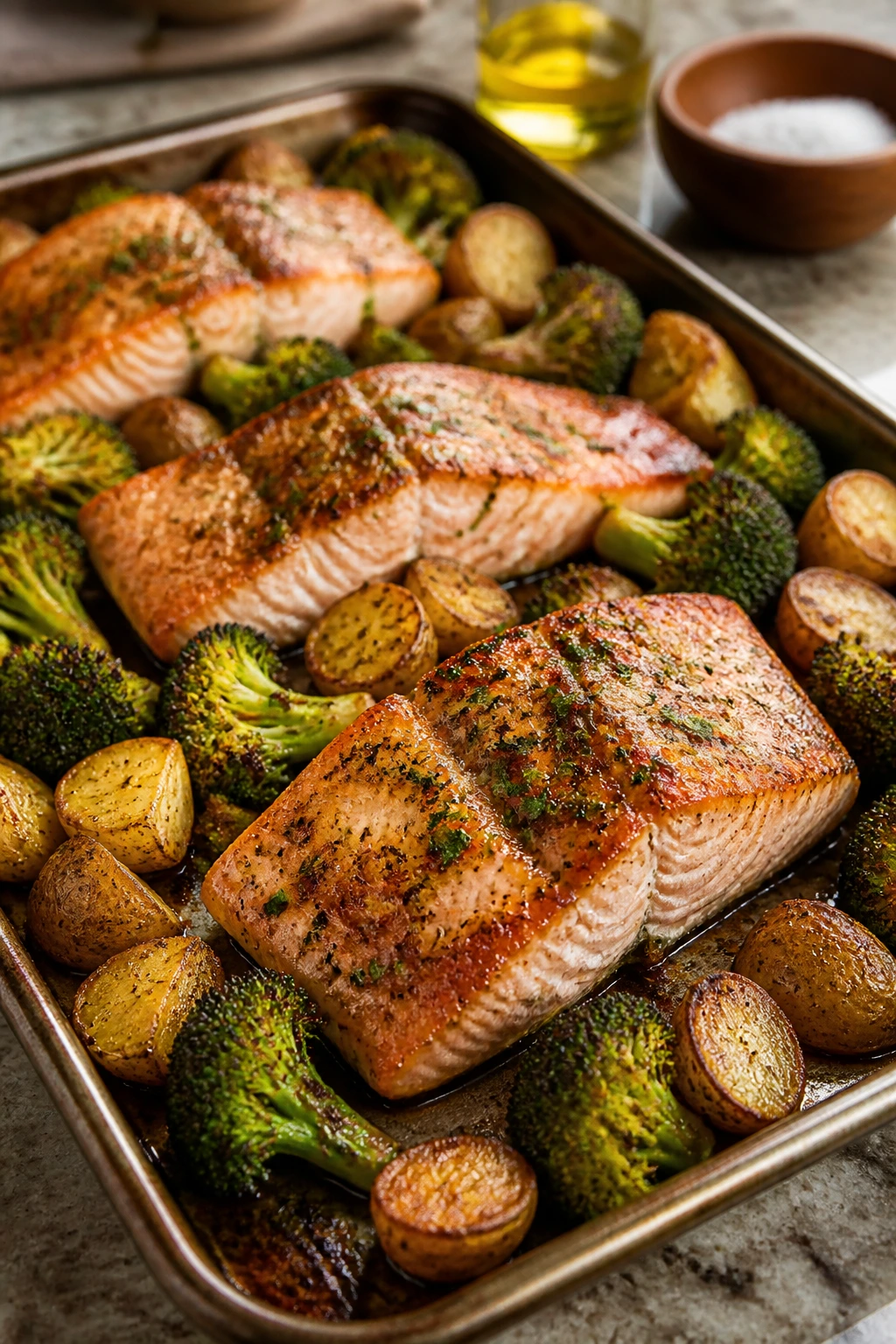 Sheet-pan dinner with salmon, broccoli and potatoes