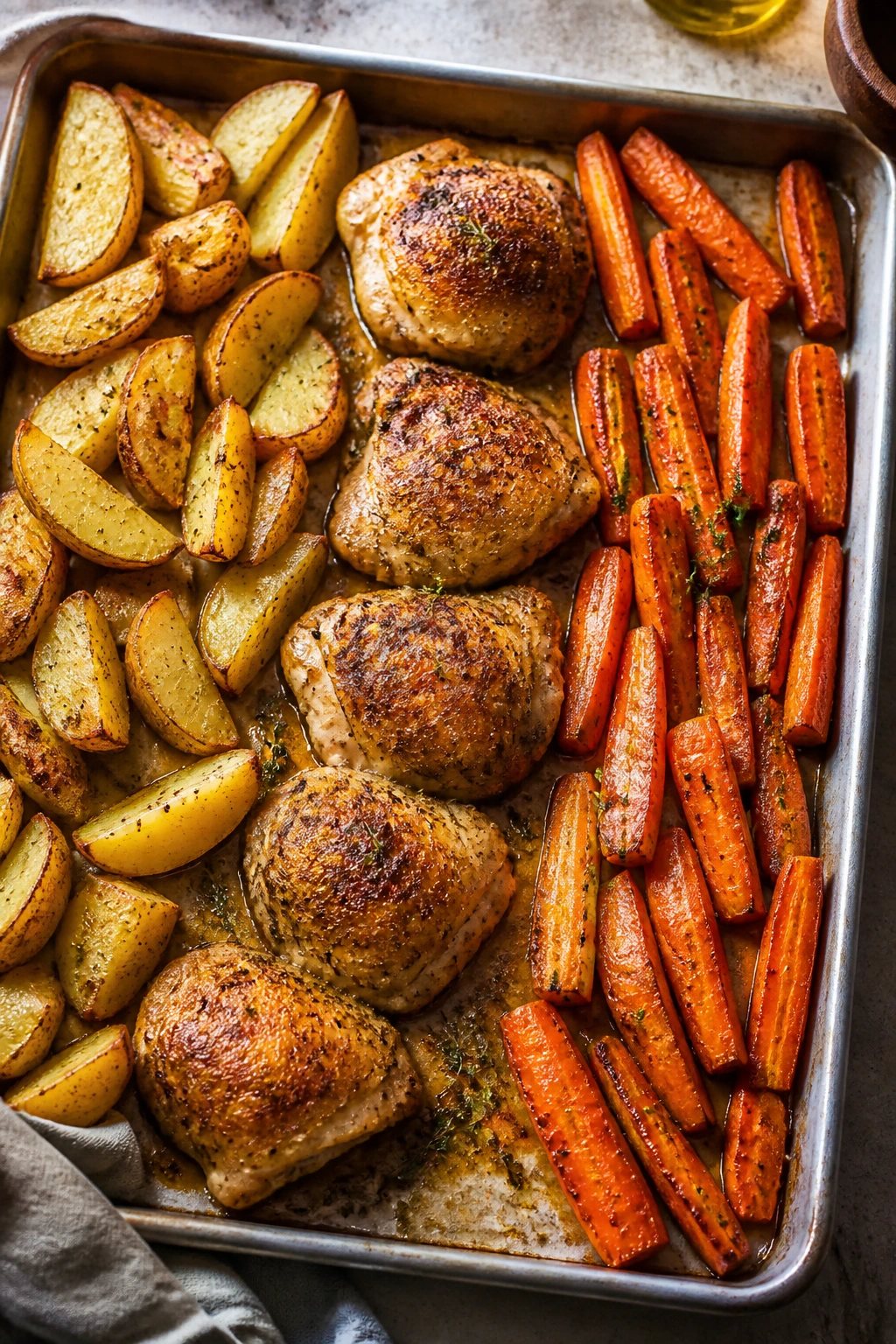 Sheet-pan dinner with chicken thighs, potatoes, and carrots on a kitchen counter
