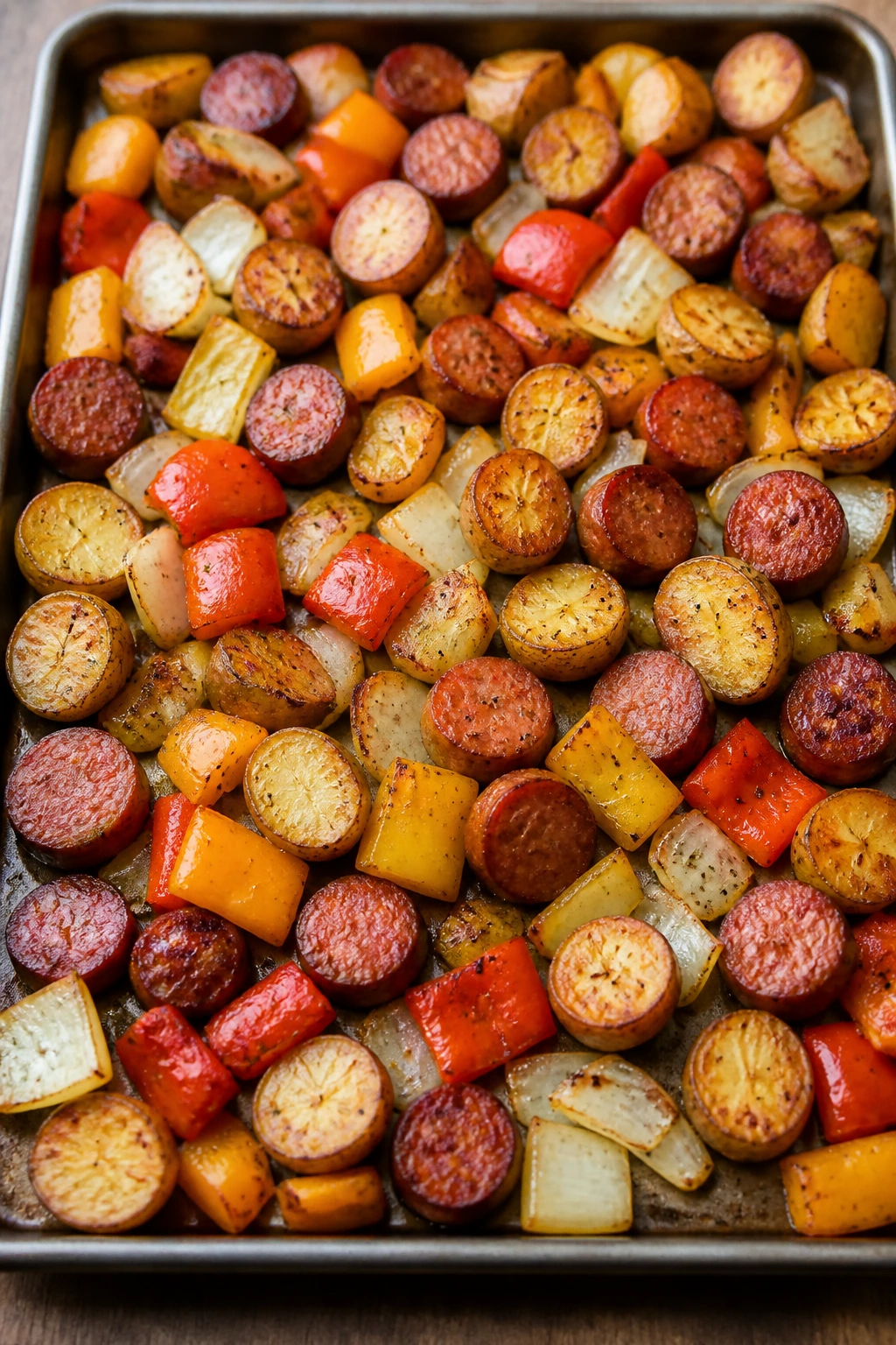 Sheet pan with potatoes, peppers, onions, and smoked sausage roasting.