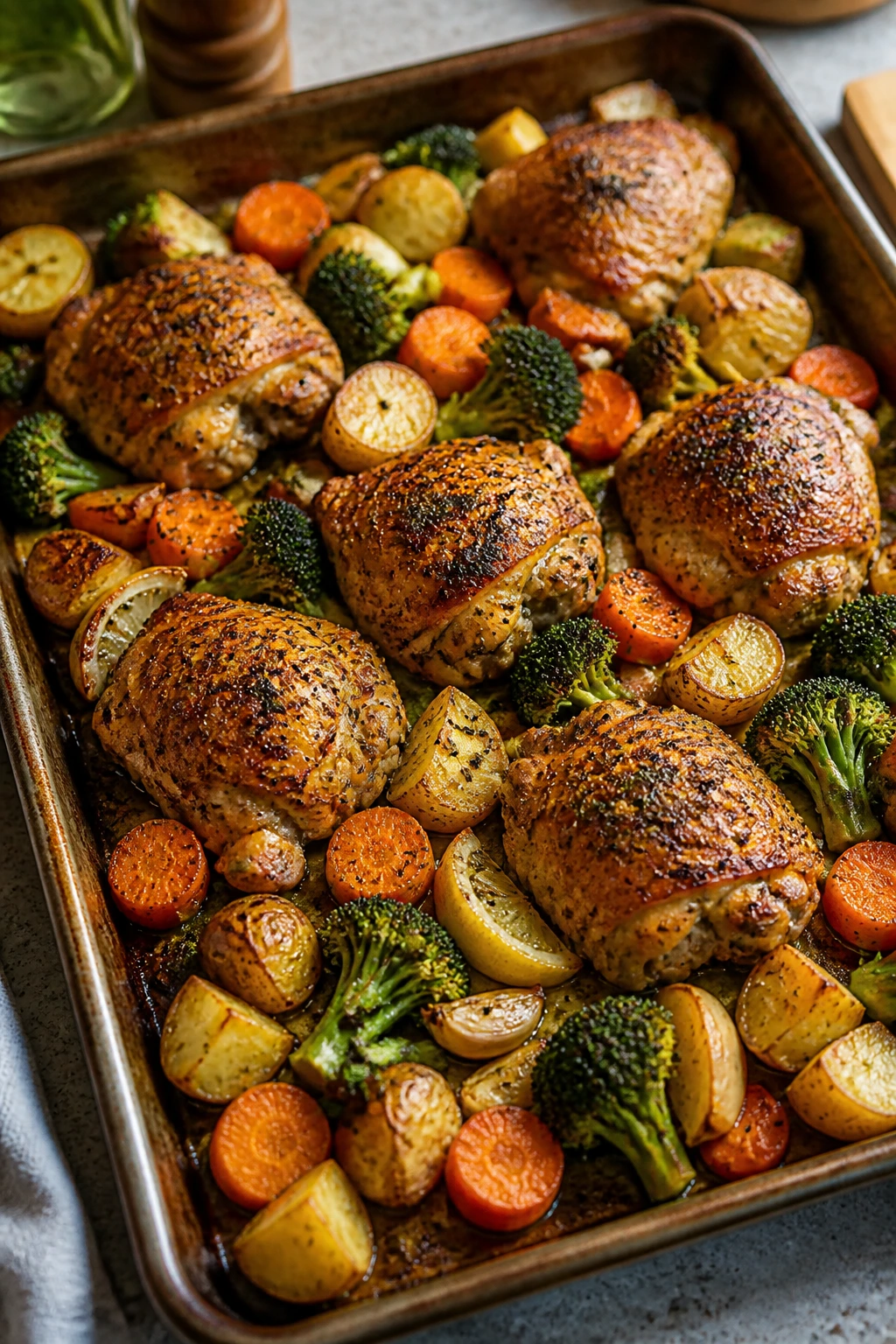 Close-up of a sheet-pan dinner with chicken, potatoes, broccoli, and carrots on a warm kitchen counter