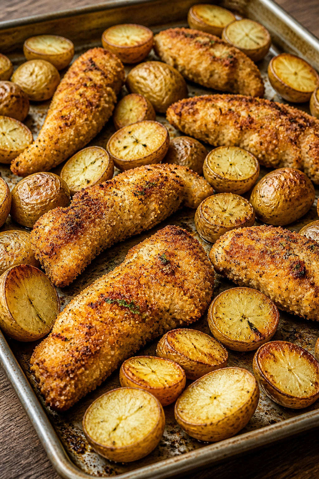 Close-up of sheet-pan chicken tenders and potatoes on a baking sheet