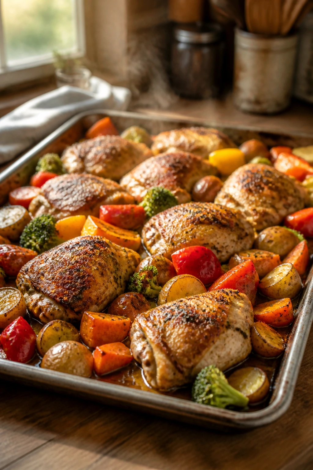 Close-up of a sheet-pan dinner with roasted chicken and vegetables in a warm kitchen