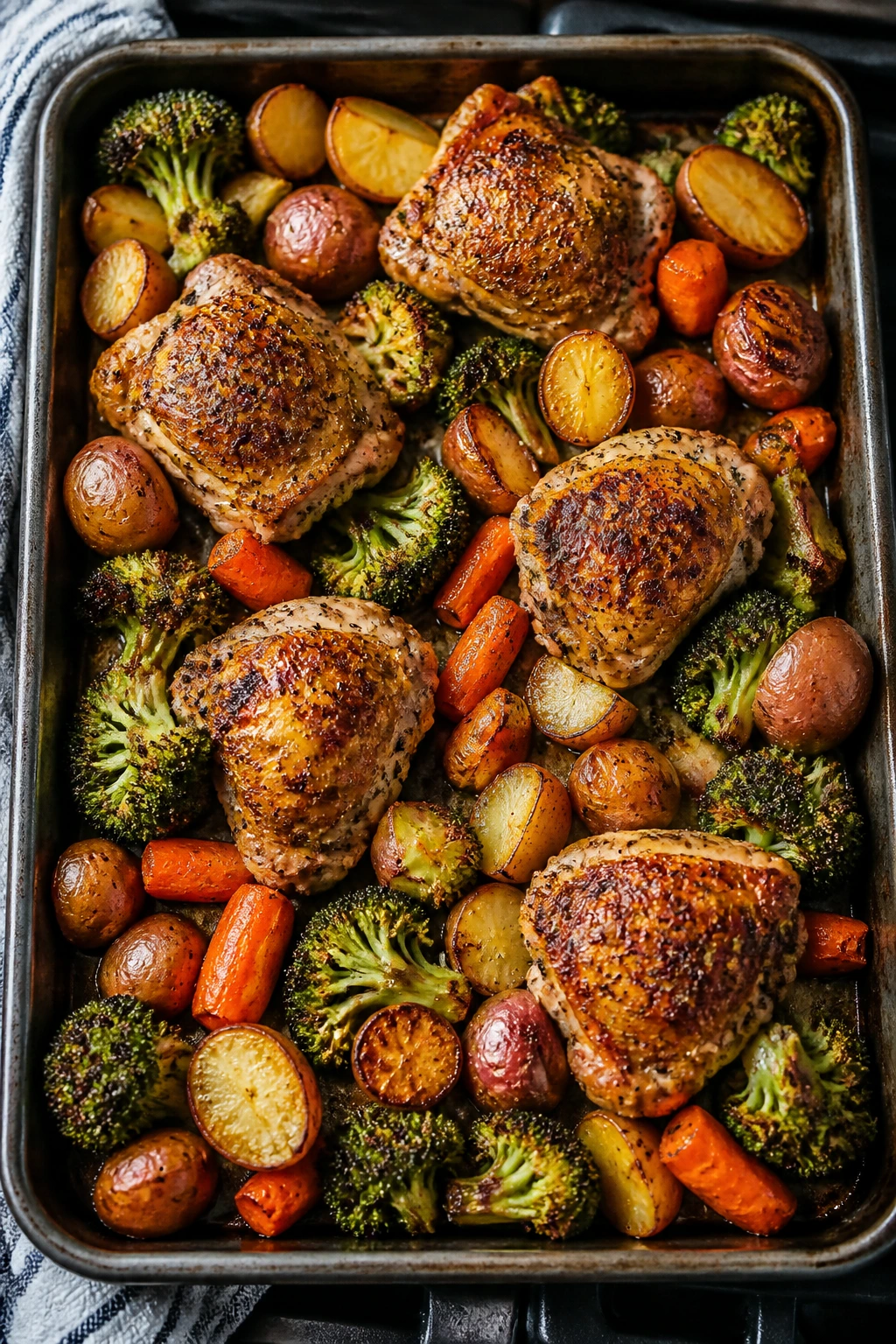 Sheet-pan dinner with crispy-edged chicken thighs and vegetables on a baking sheet
