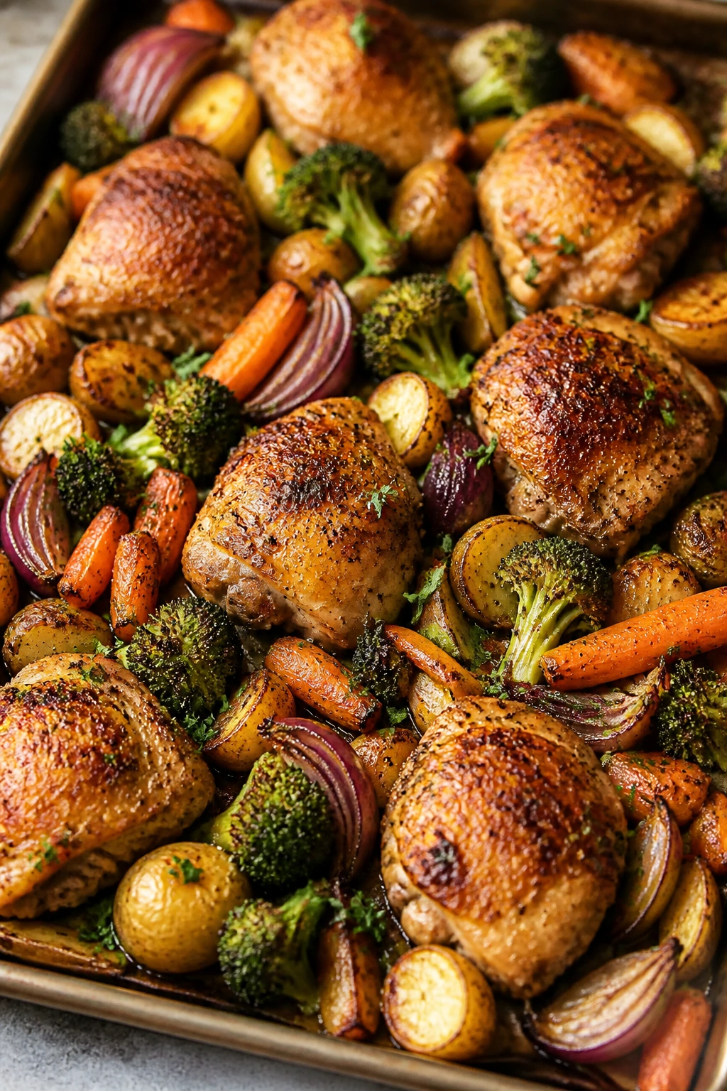 Sheet pan dinner with crisp-edged roasted chicken and vegetables
