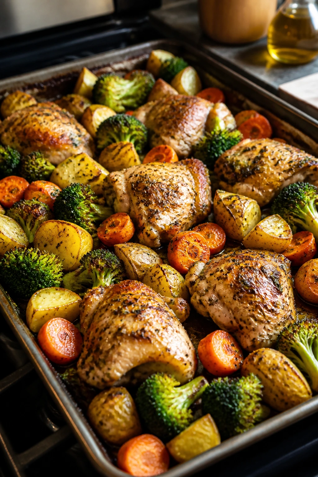 Close-up of sheet-pan dinner with lemon-garlic chicken, potatoes, broccoli, and carrots in a warm kitchen