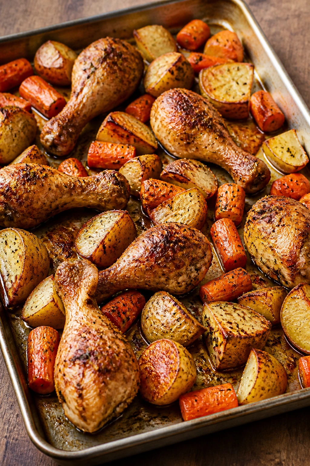 Sheet pan chicken drumsticks with potatoes and carrots on a pan in a kitchen