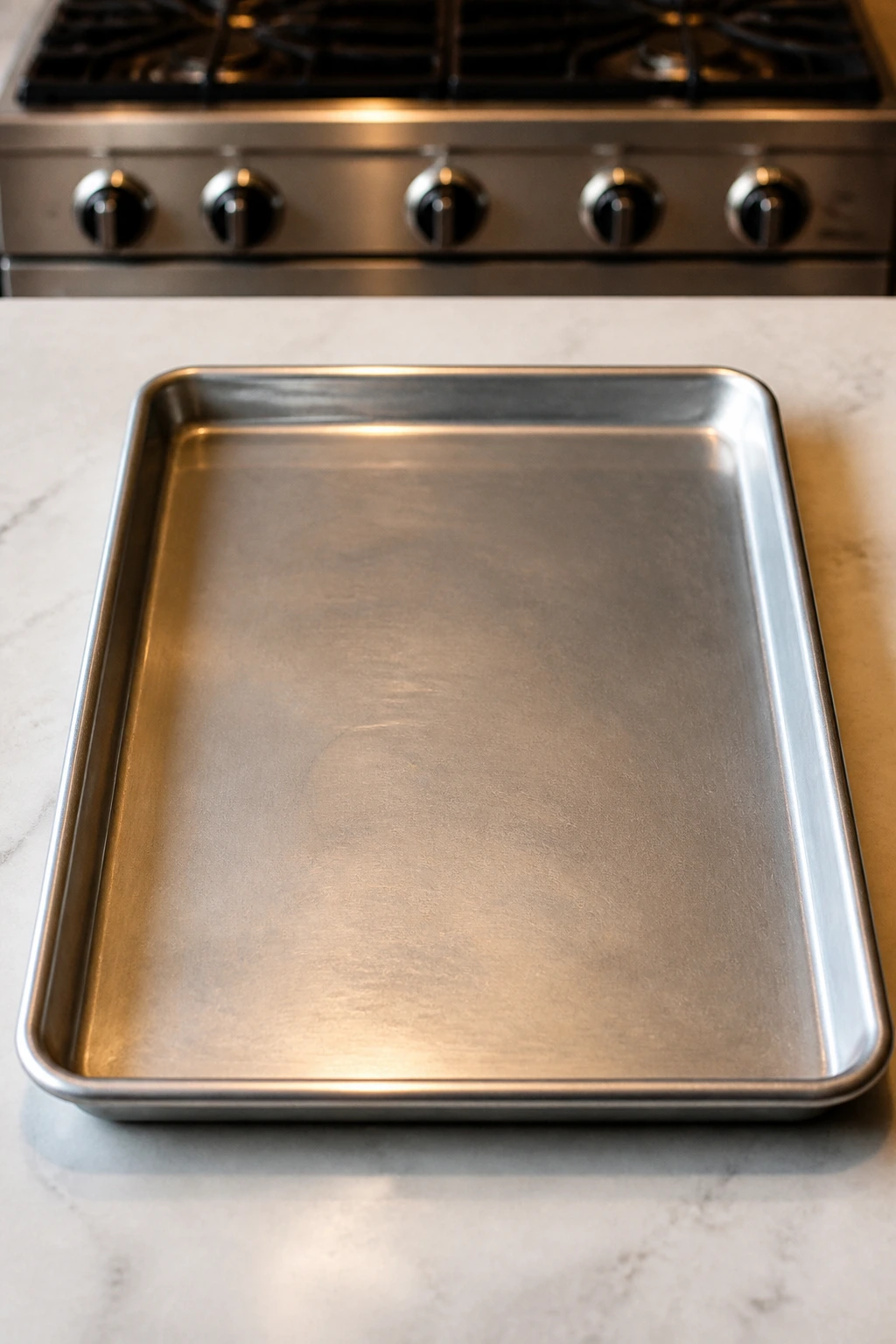 Large sheet pan ready for baking on a kitchen counter.