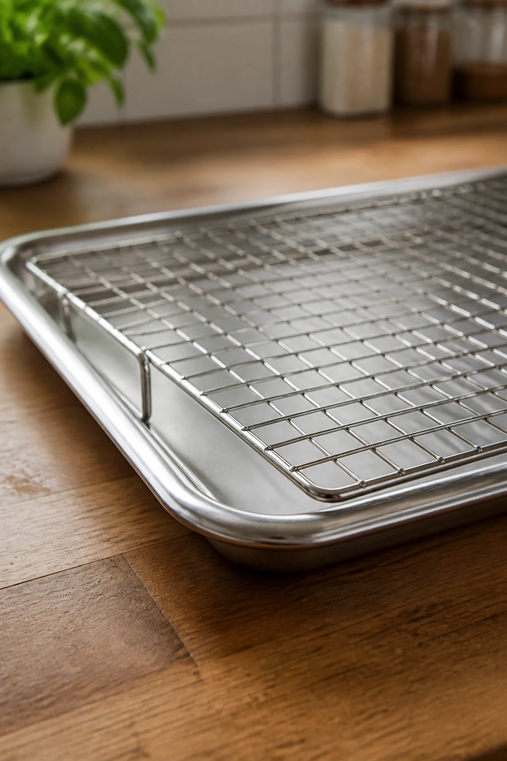 Rimmed sheet pan on kitchen counter with rack