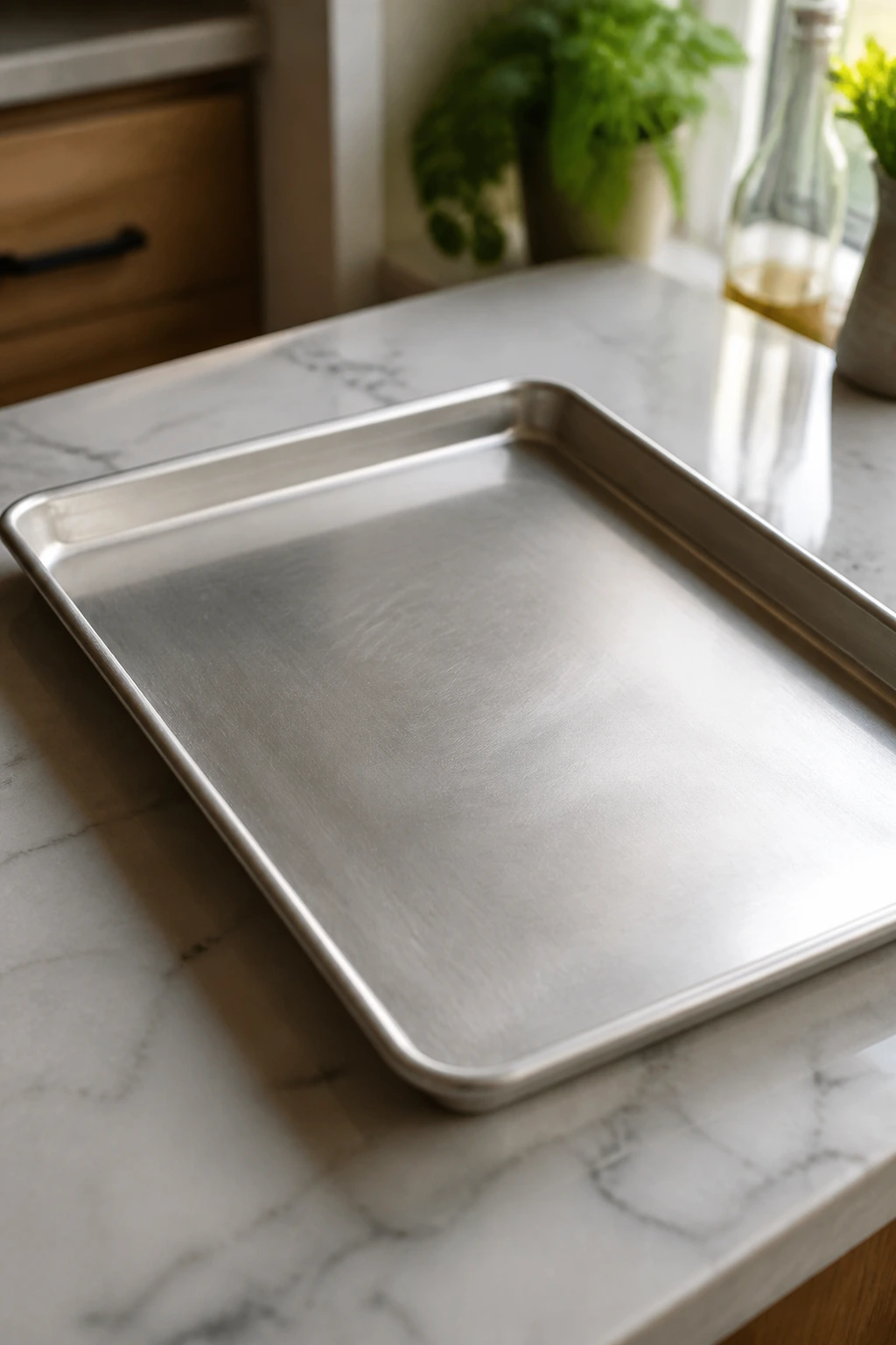 Rimmed sheet pan on a kitchen counter ready for meal prep