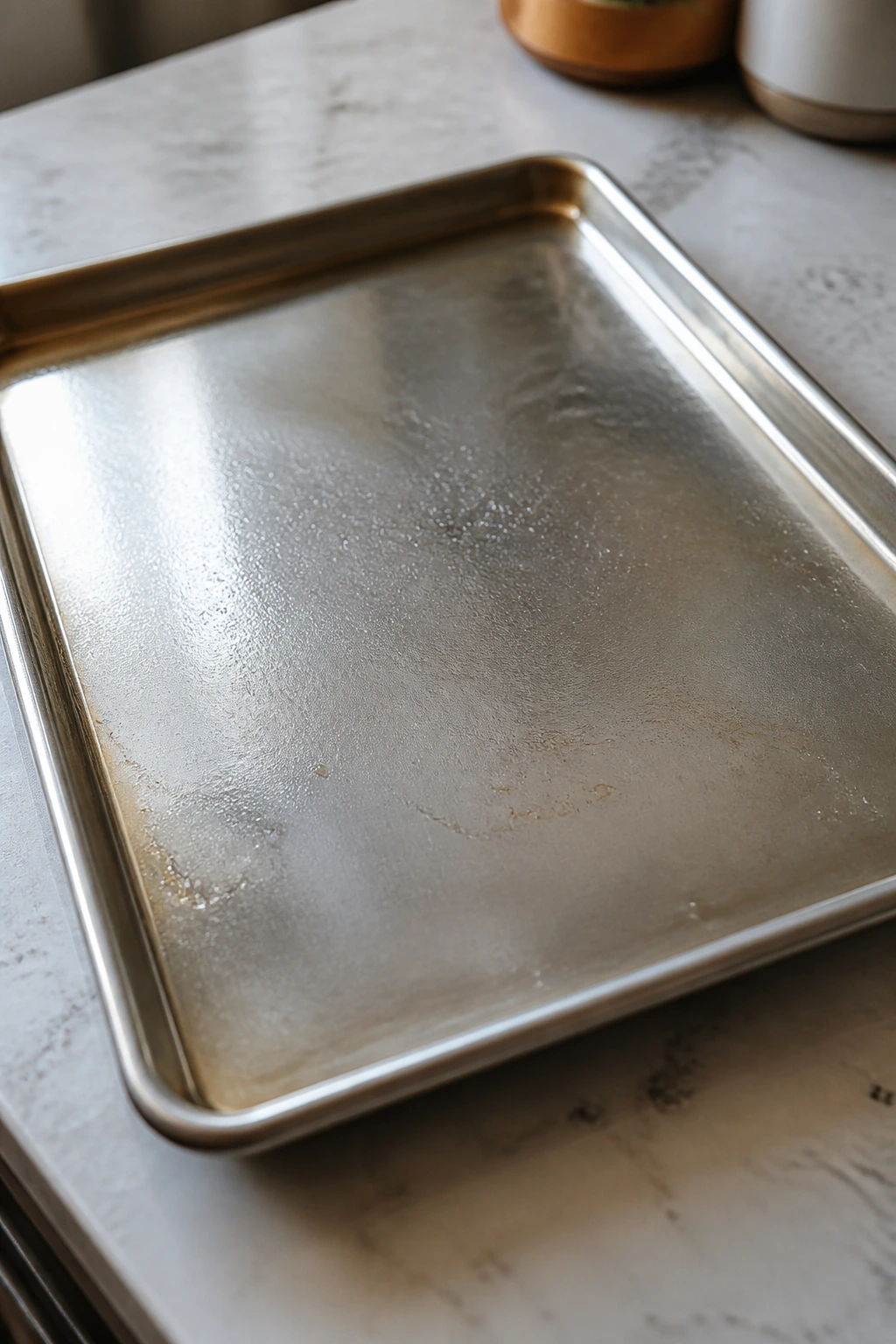 Close-up of a large sheet pan ready for dinner prep