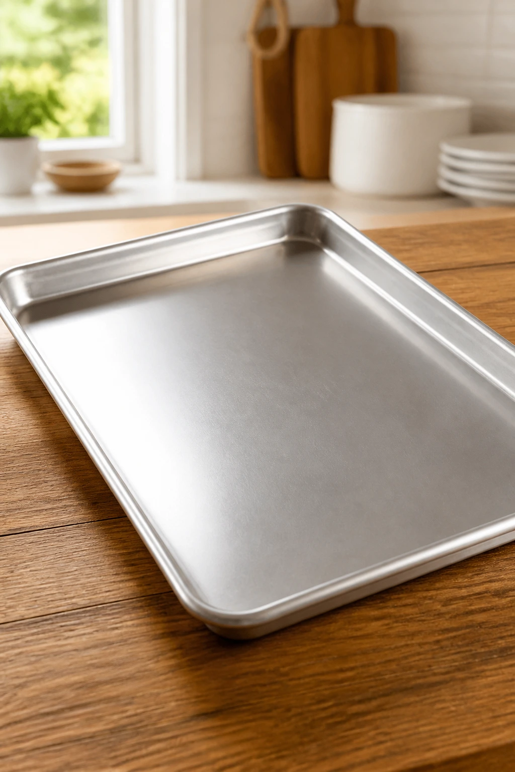 Close-up of a rimmed sheet pan in a bright kitchen