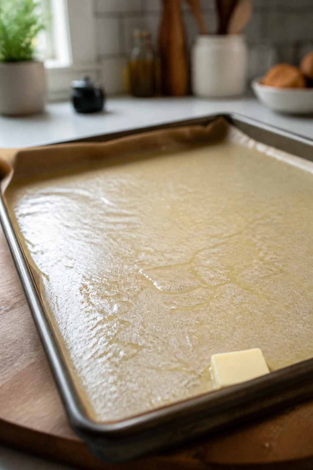 Rimmed sheet pan ready for sliders in a bright kitchen
