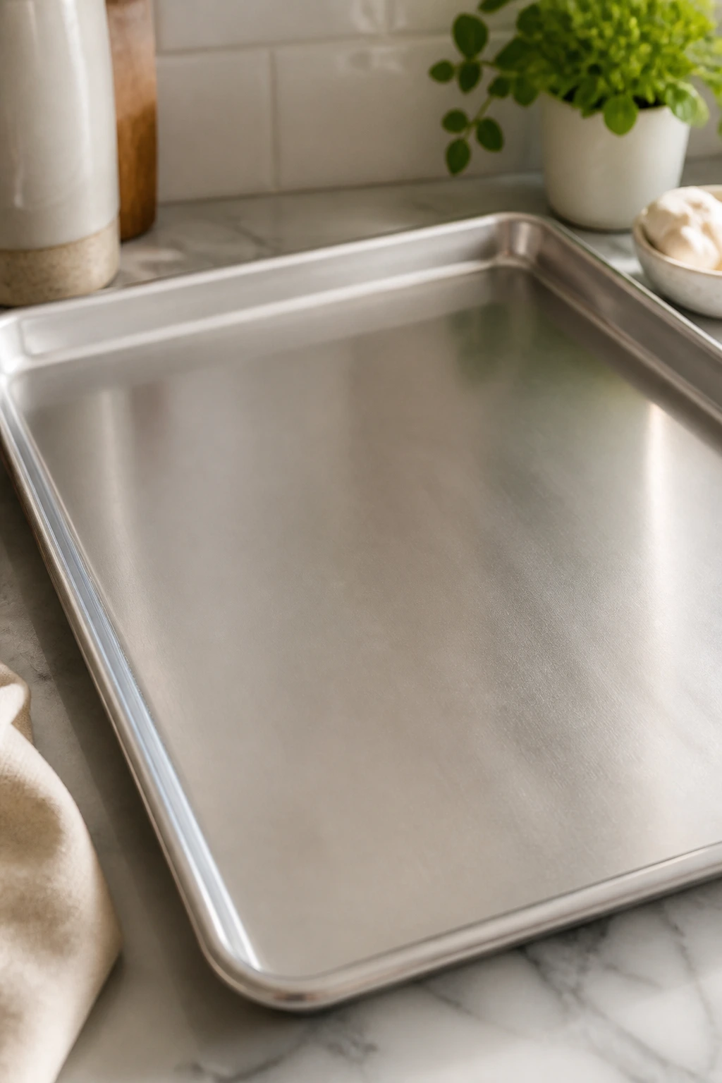 Close-up of a large clean sheet pan on a kitchen counter ready for roasting