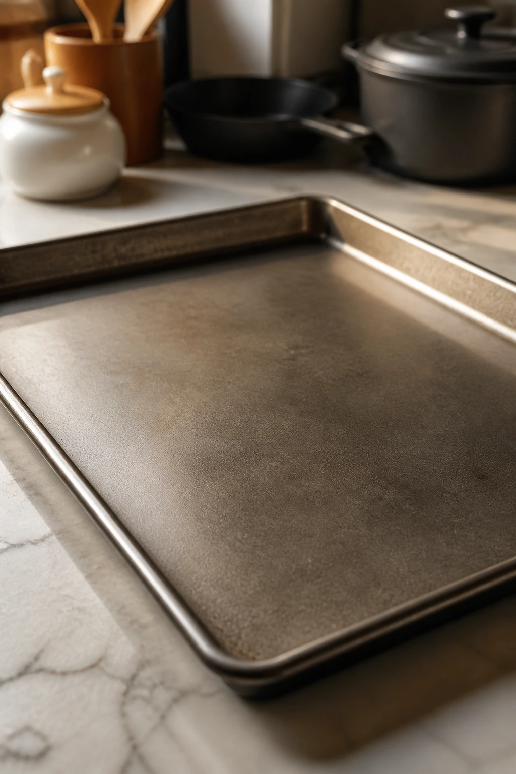 Close-up of rimmed sheet pan on kitchen counter