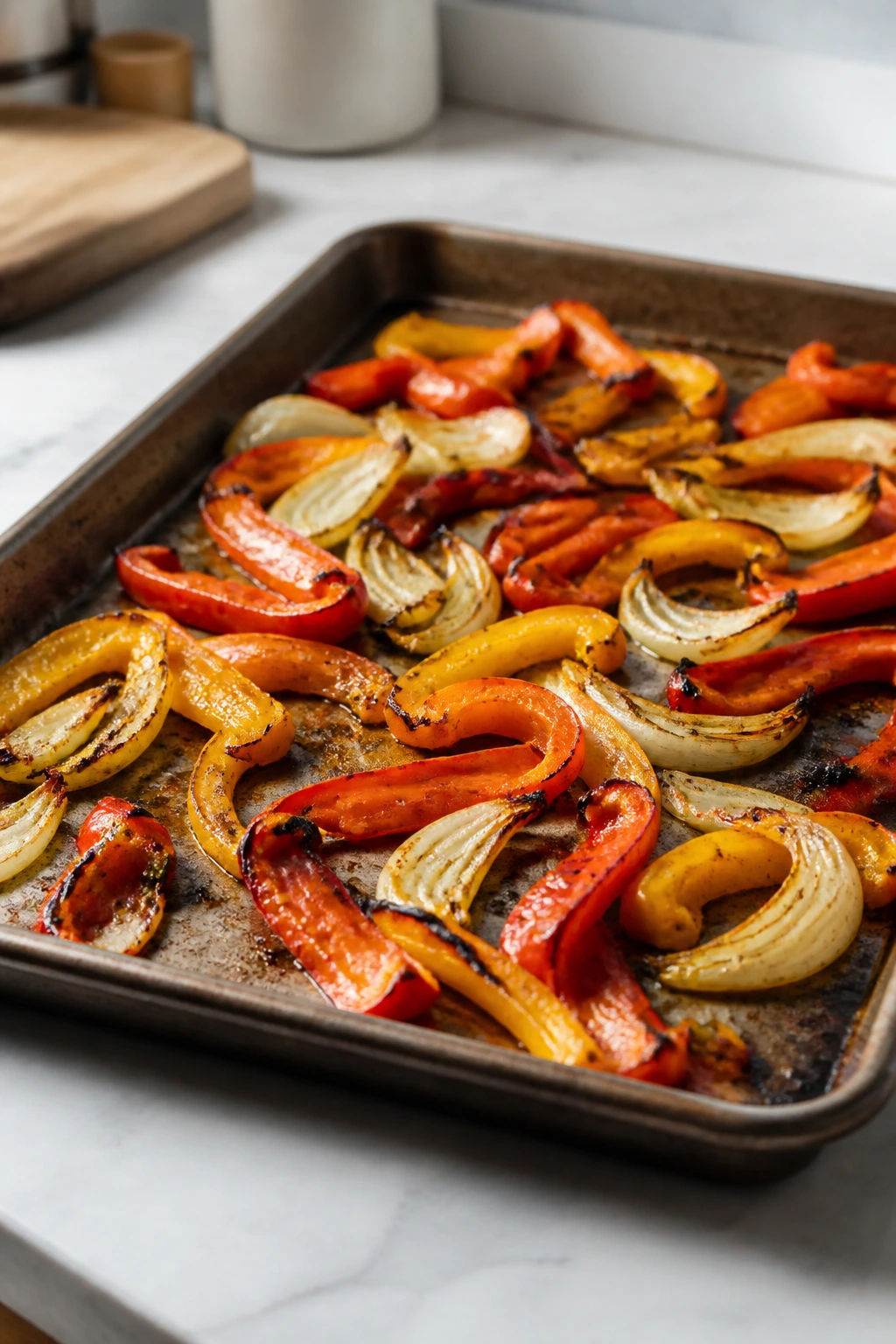 Large rimmed sheet pan with roasted peppers