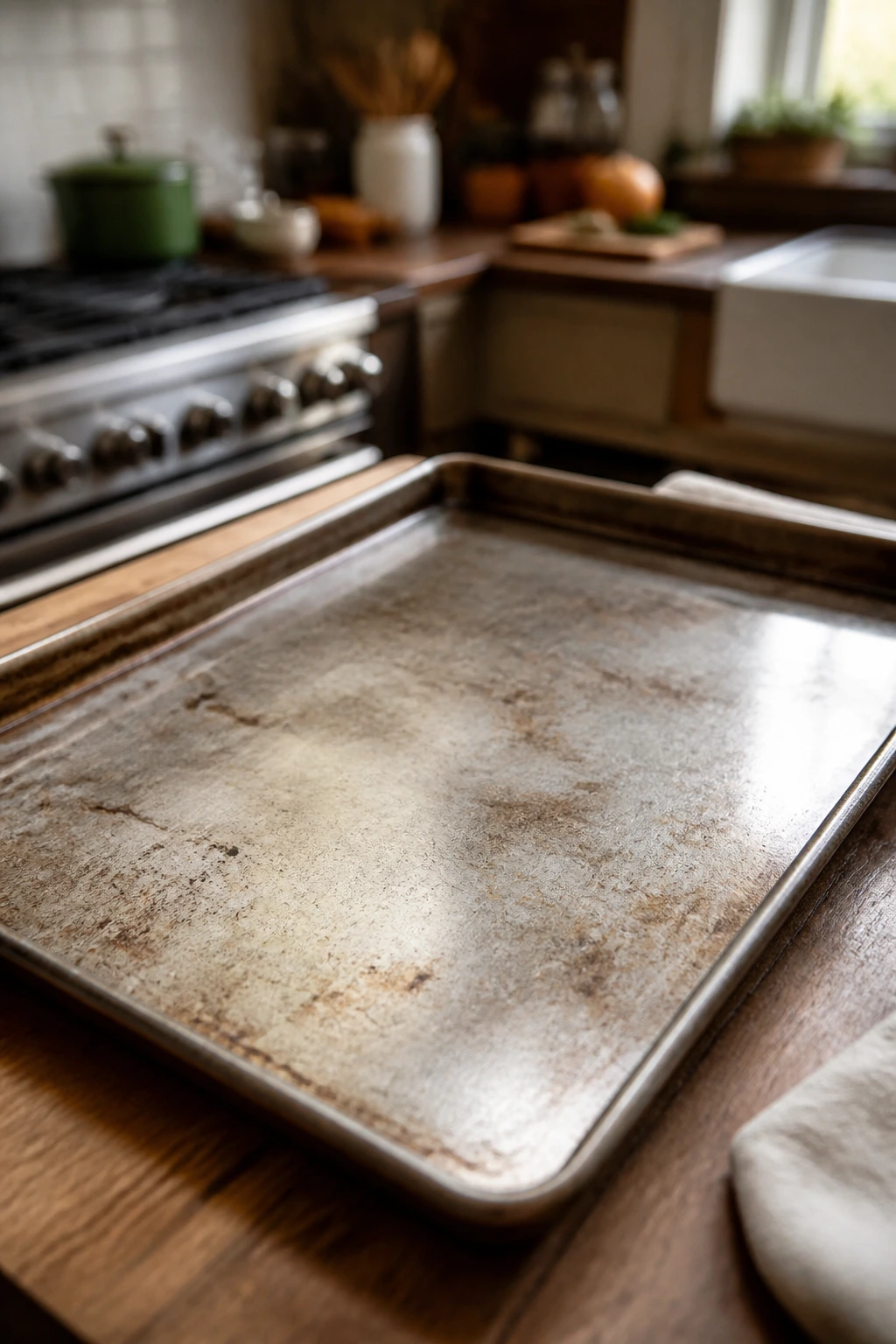 Close-up of a rimmed sheet pan in a warm kitchen, essential equipment for pork belly recipes