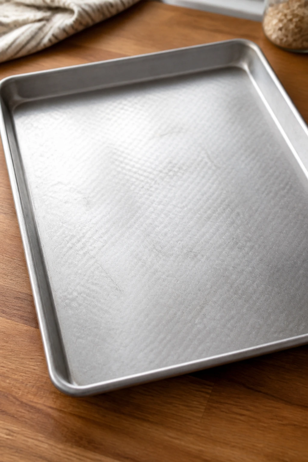 Close-up of a large rimmed sheet pan on a kitchen counter
