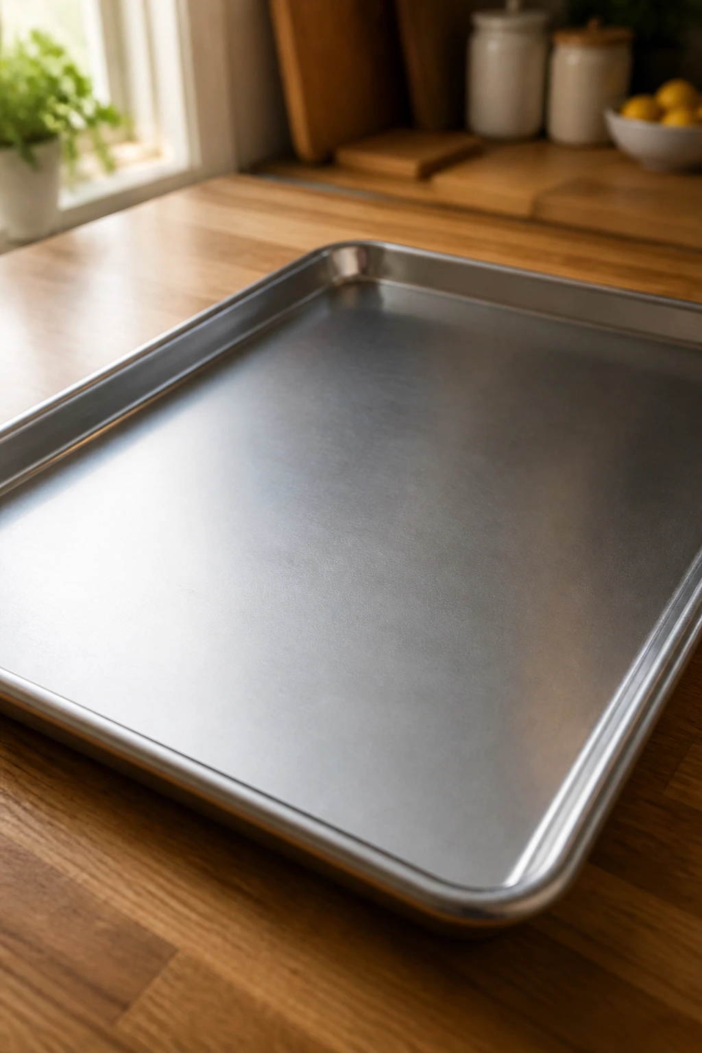 Close-up of a rimmed sheet pan in a bright kitchen, representing essential equipment.