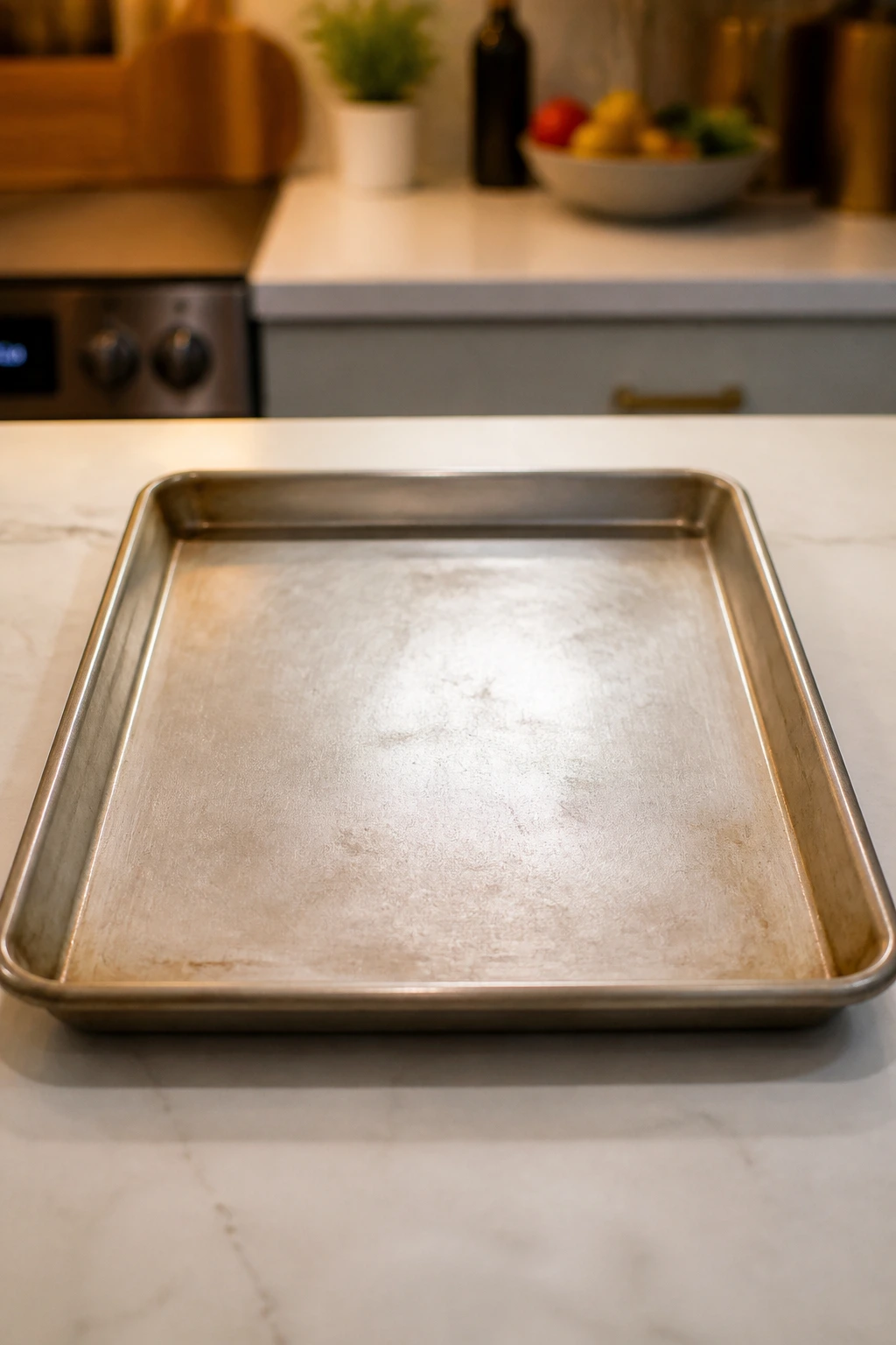 Rimmed sheet pan centered on a kitchen counter ready for roasting